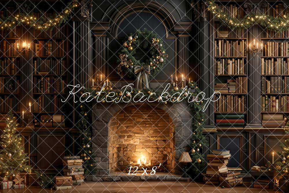 Kate Christmas Fireplace Bookshelves Fleece Backdrop Designed by Emetselch - Kate Backdrop AU