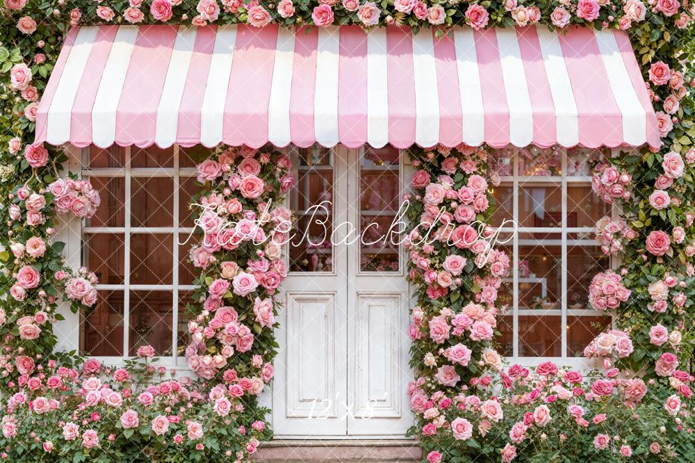 Kate Pink Striped Awning Rose Fleece Backdrop Designed by Emetselch