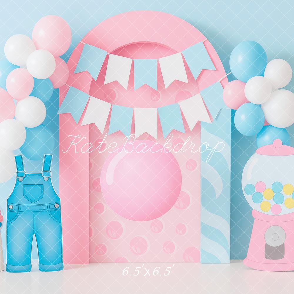 Kate Cake Smash Overalls Gumball Balloons Backdrop Designed by Mini MakeBelieve