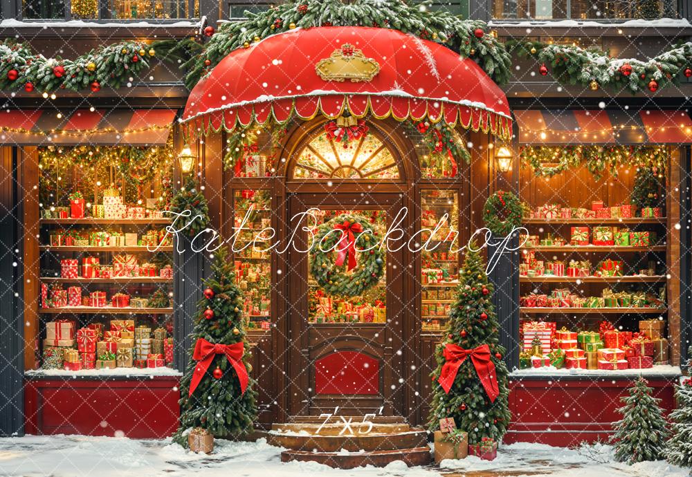 Kate Christmas Shopfront Presents Shelves Red Backdrop Designed by Chain