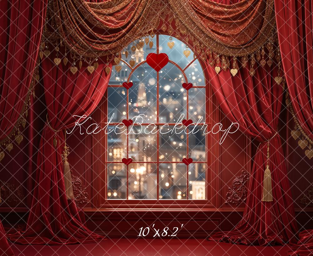 Kate Valentine Red Curtains Heart Window Backdrop Designed by Emetselch