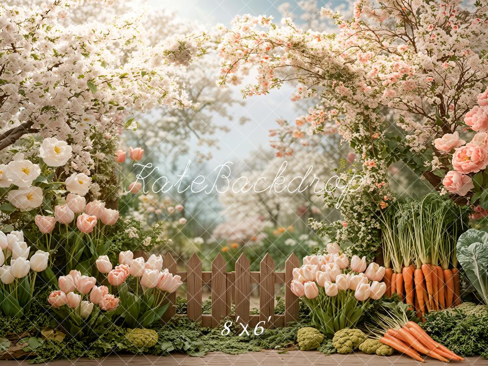 Kate Spring Blossoms Tulips Carrots Fence Backdrop Designed by Emetselch