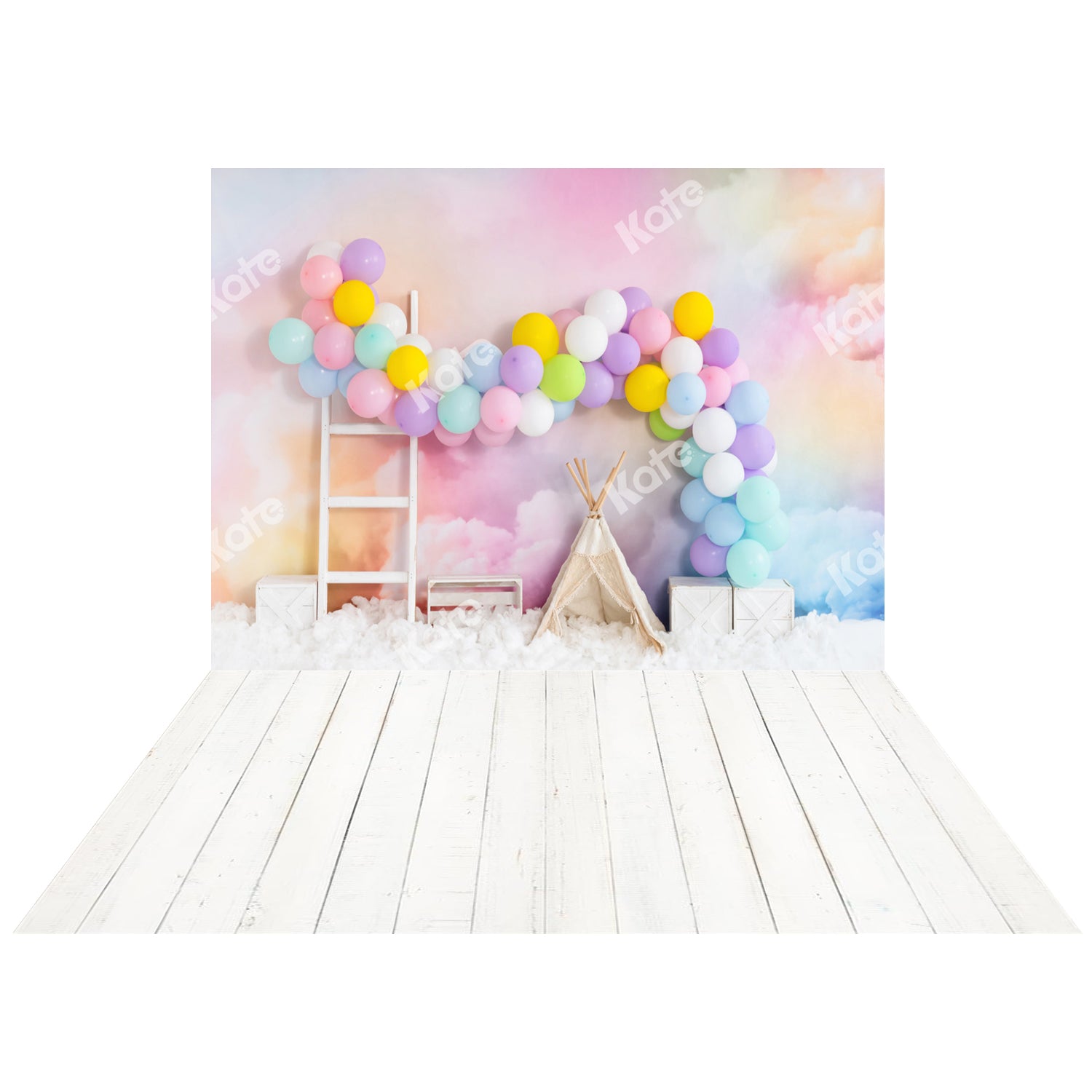 Kate Fantastic Colorful Cloud Balloons Tent Backdrop+Kate White Wooden Board Rubber Floor Mat