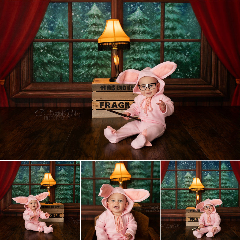Kate Christmas Window Snow Night Backdrop+Kate Brown/Red Tones Wood Rubber Floor Mat - Kate Backdrop AU