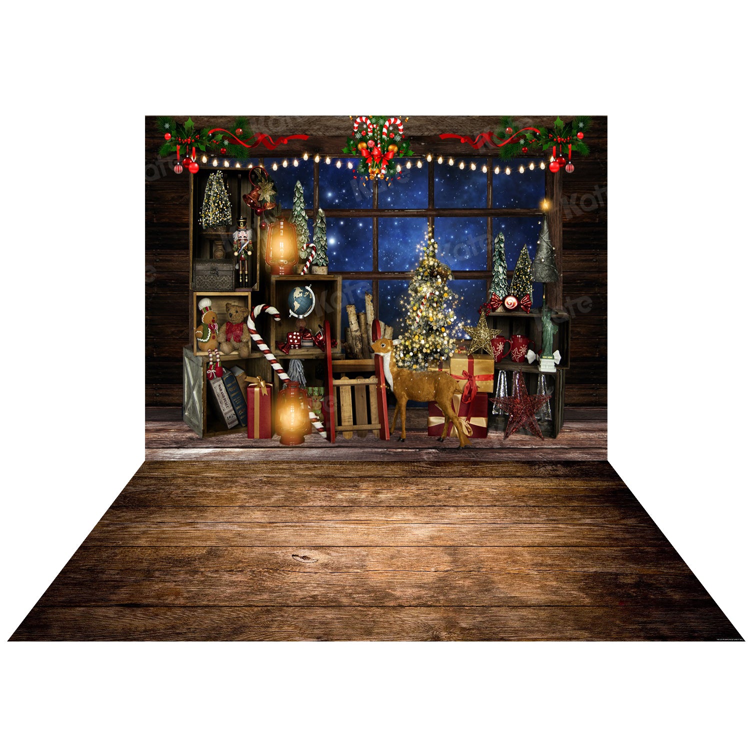 Kate Christmas Night Tree Elk Window Starry Sky Backdrop+Kate Dark Brown Wood Rubber Floor Mat