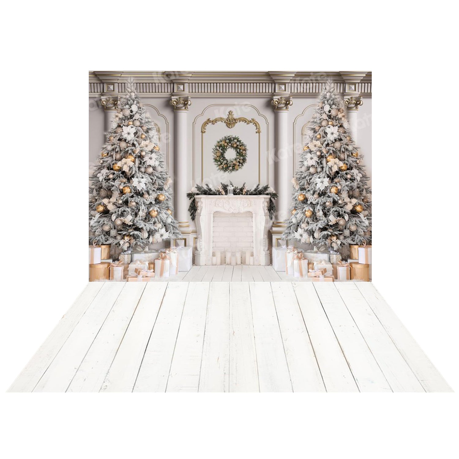 Kate Christmas Tree Gift Fireplace Backdrop+Kate White Wooden Board Rubber Floor Mat
