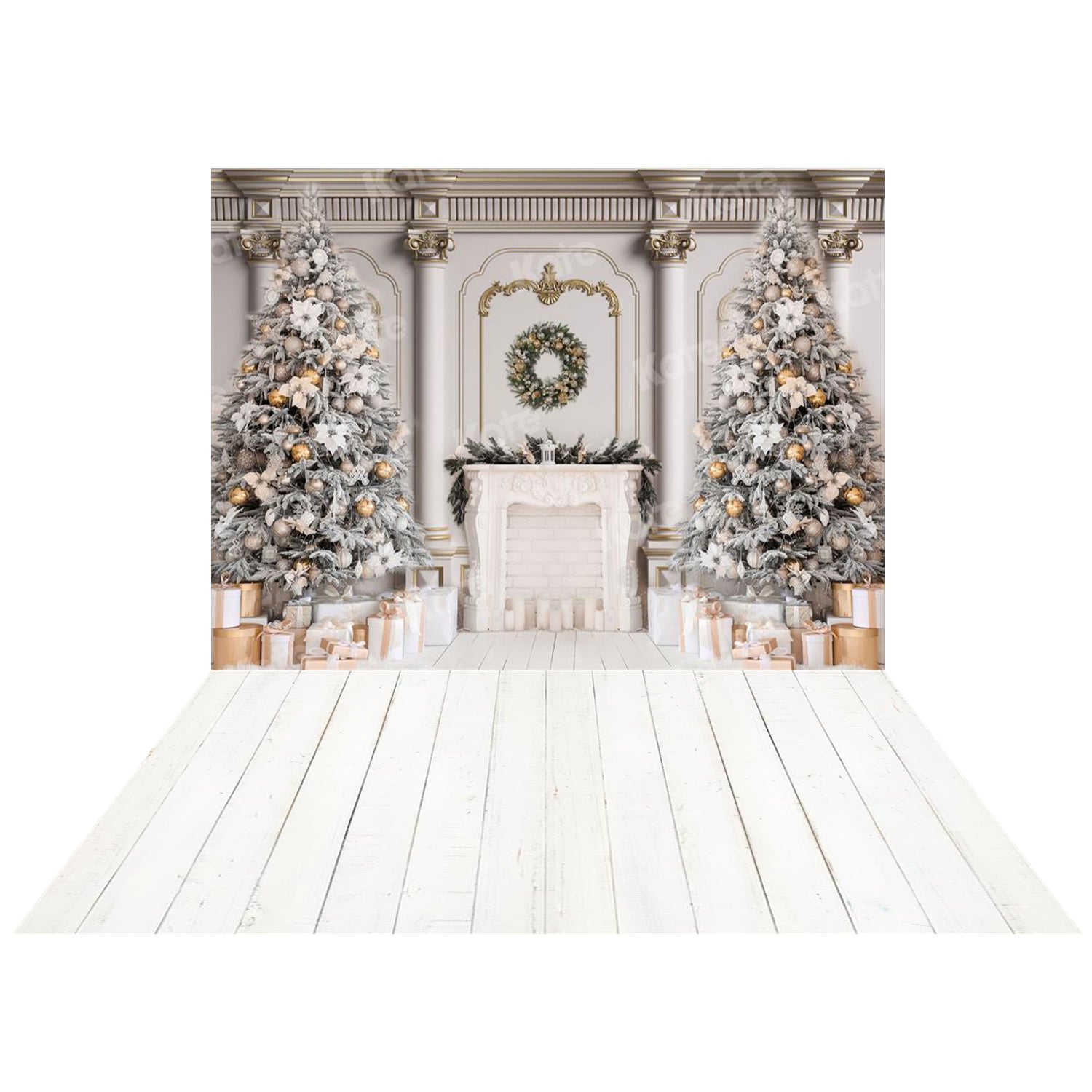 Kate Christmas Tree Gift Fireplace Backdrop+Kate White Wooden Board Rubber Floor Mat - Kate Backdrop AU