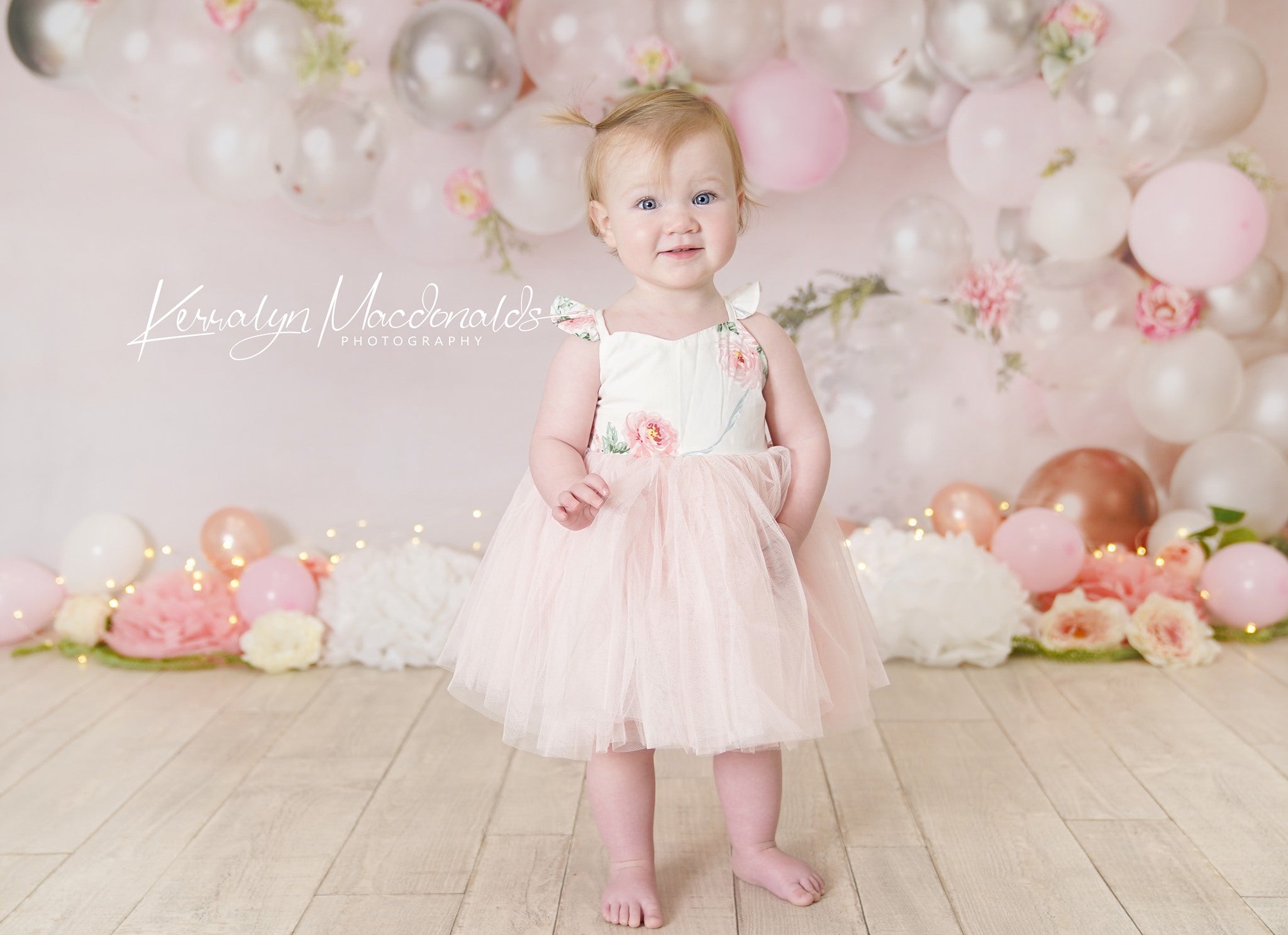Kate Pink White and Rose Gold Floral Balloon Arch Backdrop Cake Smash Designed by Mandy Ringe Photography - Kate Backdrop AU