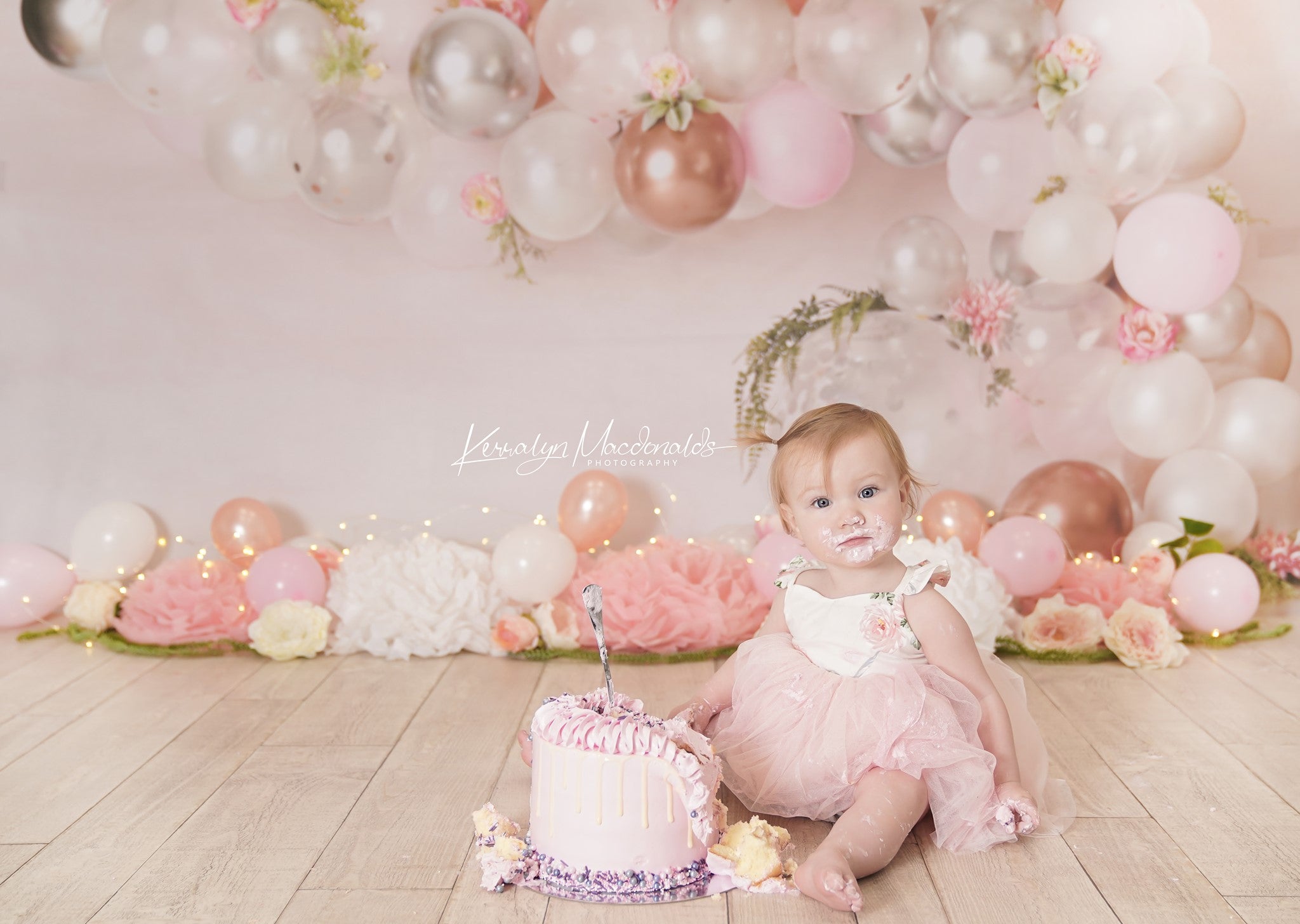 Kate Pink White and Rose Gold Floral Balloon Arch Backdrop Cake Smash Designed by Mandy Ringe Photography