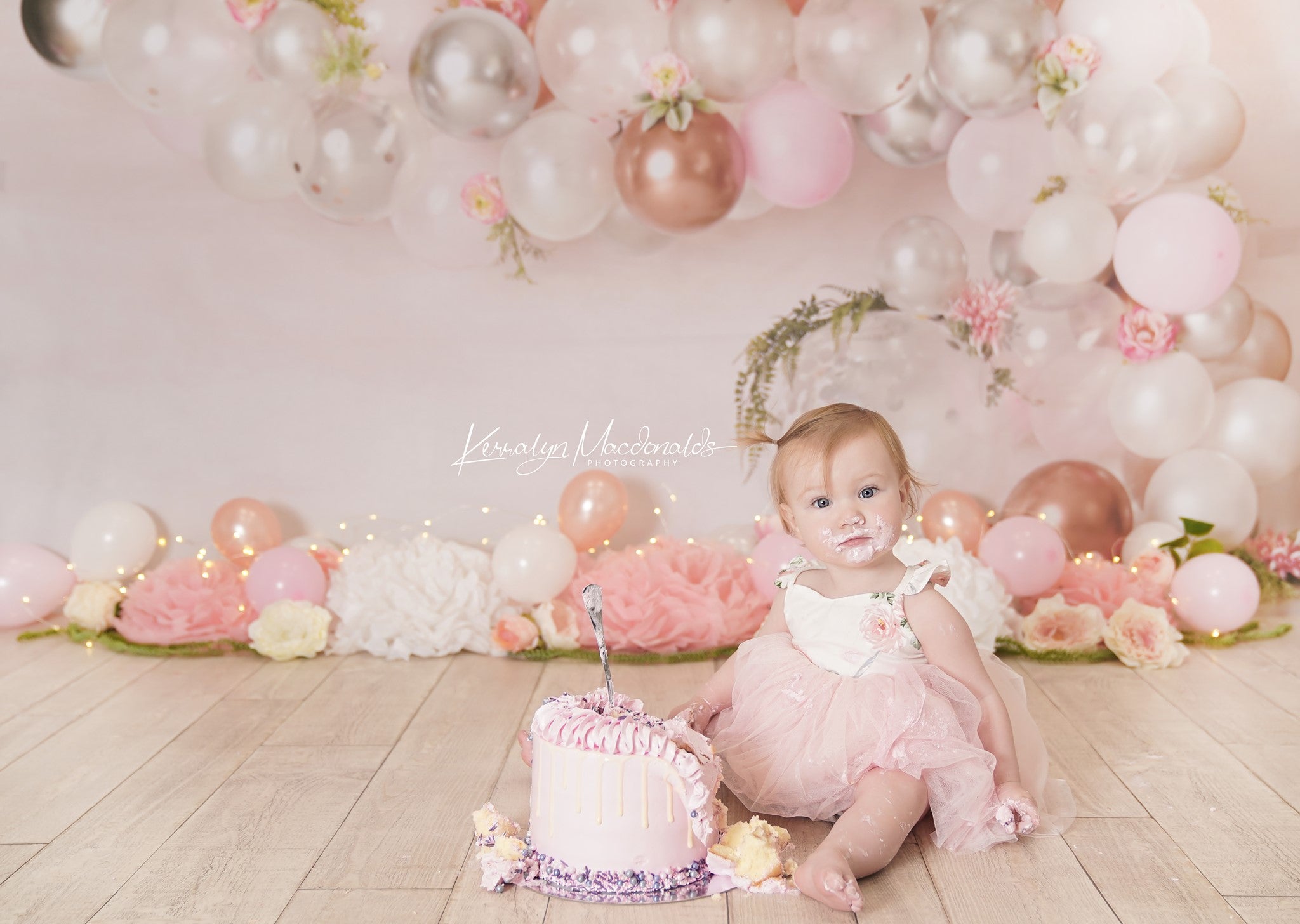 Kate Pink White and Rose Gold Floral Balloon Arch Backdrop Cake Smash Designed by Mandy Ringe Photography - Kate Backdrop AU