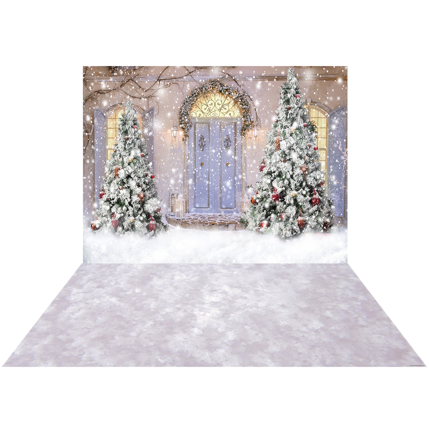 Kate Christmas Door Front Snow Backdrop+Kate Snowy Rubber Floor Mat