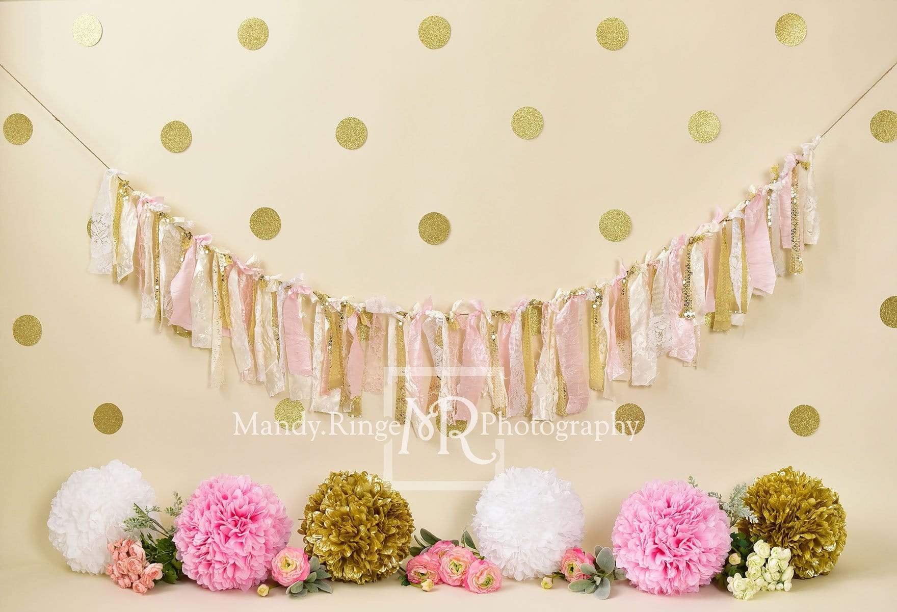 Kate Pink and Gold with Polkadots Birthday Backdrop for Photography Designed by Mandy Ringe Photography