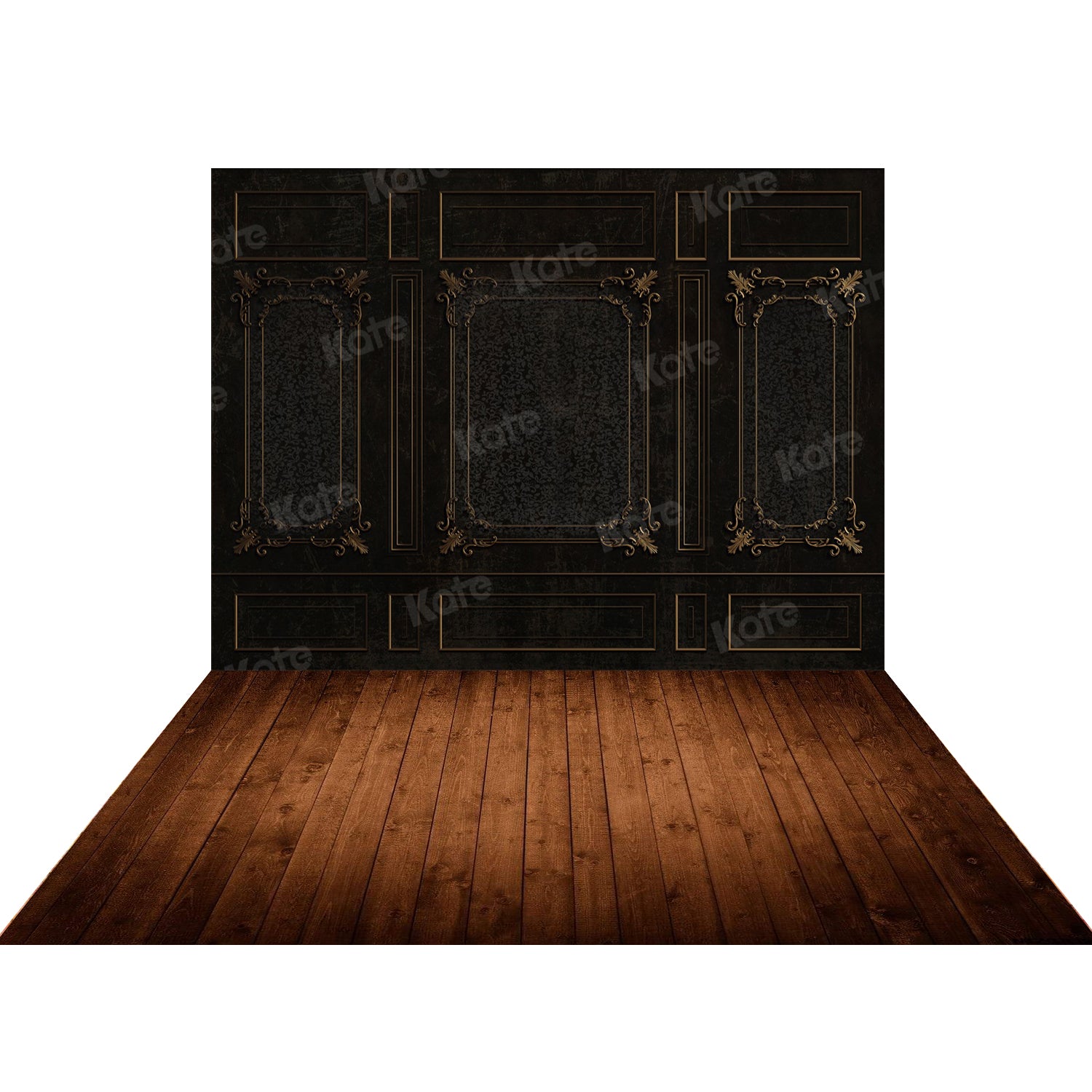 Kate Black Textured Pattern Retro Wall Backdrop+Kate Brown/Red Tones Wood Rubber Floor Mat