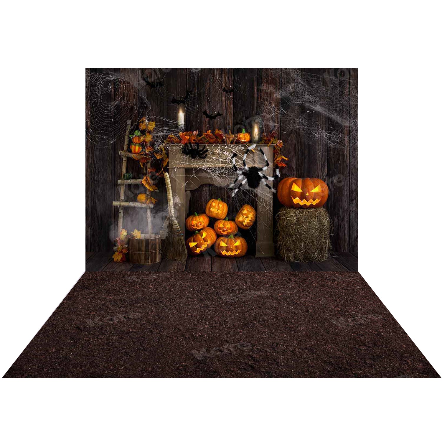 Kate Halloween Fall Wood Grain Spider Web Backdrop+Kate Dark Land Rubber Floor Mat