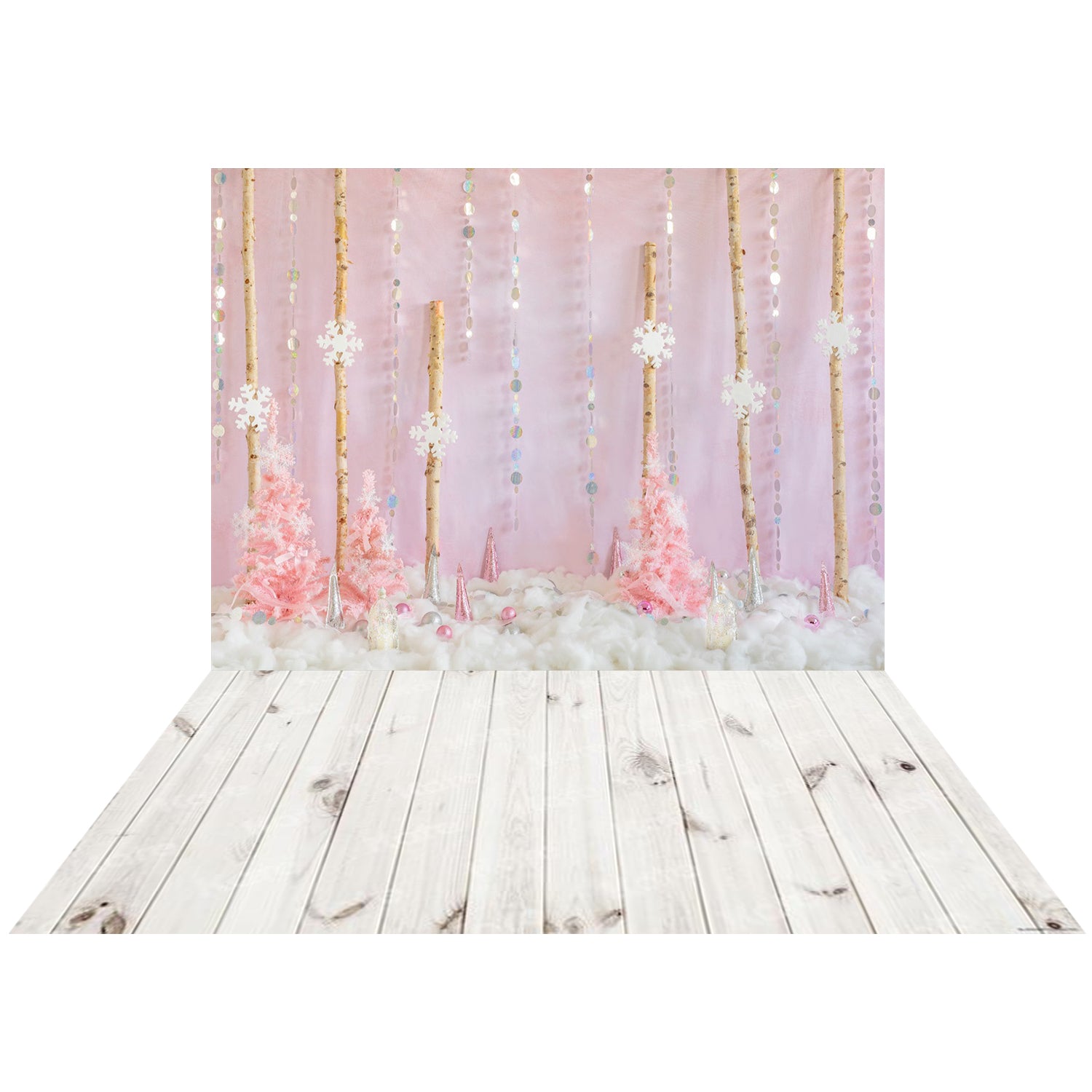 Kate Pink Christmas Forest Snow Backdrop+Kate White Retro Wooden Rubber Floor Mat - Kate Backdrop AU