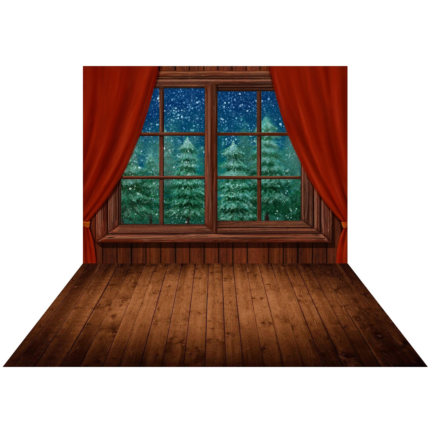Kate Christmas Window Snow Night Backdrop+Kate Brown/Red Tones Wood Rubber Floor Mat