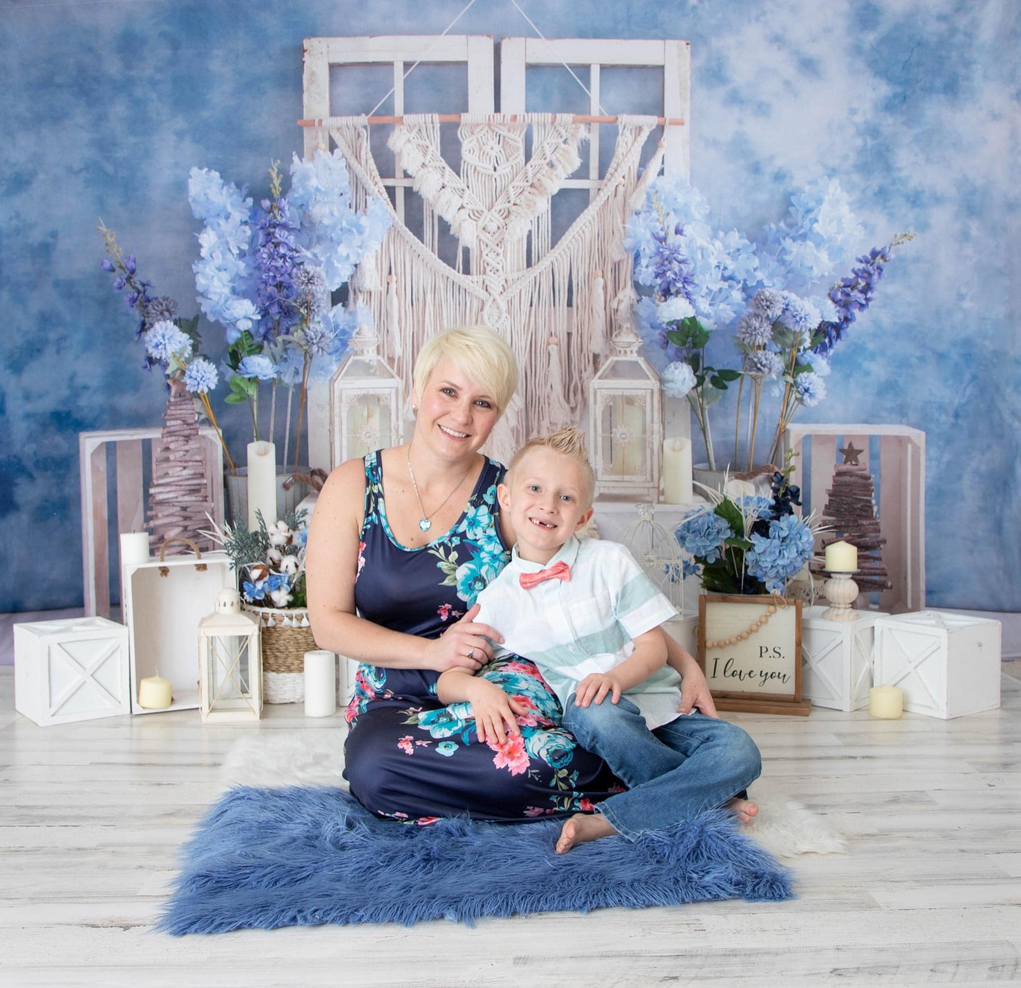 Kate 8x8ft Boho Blue Backdrop + 5x8ft Retro White Wood Rubber Floor Mat for Photography