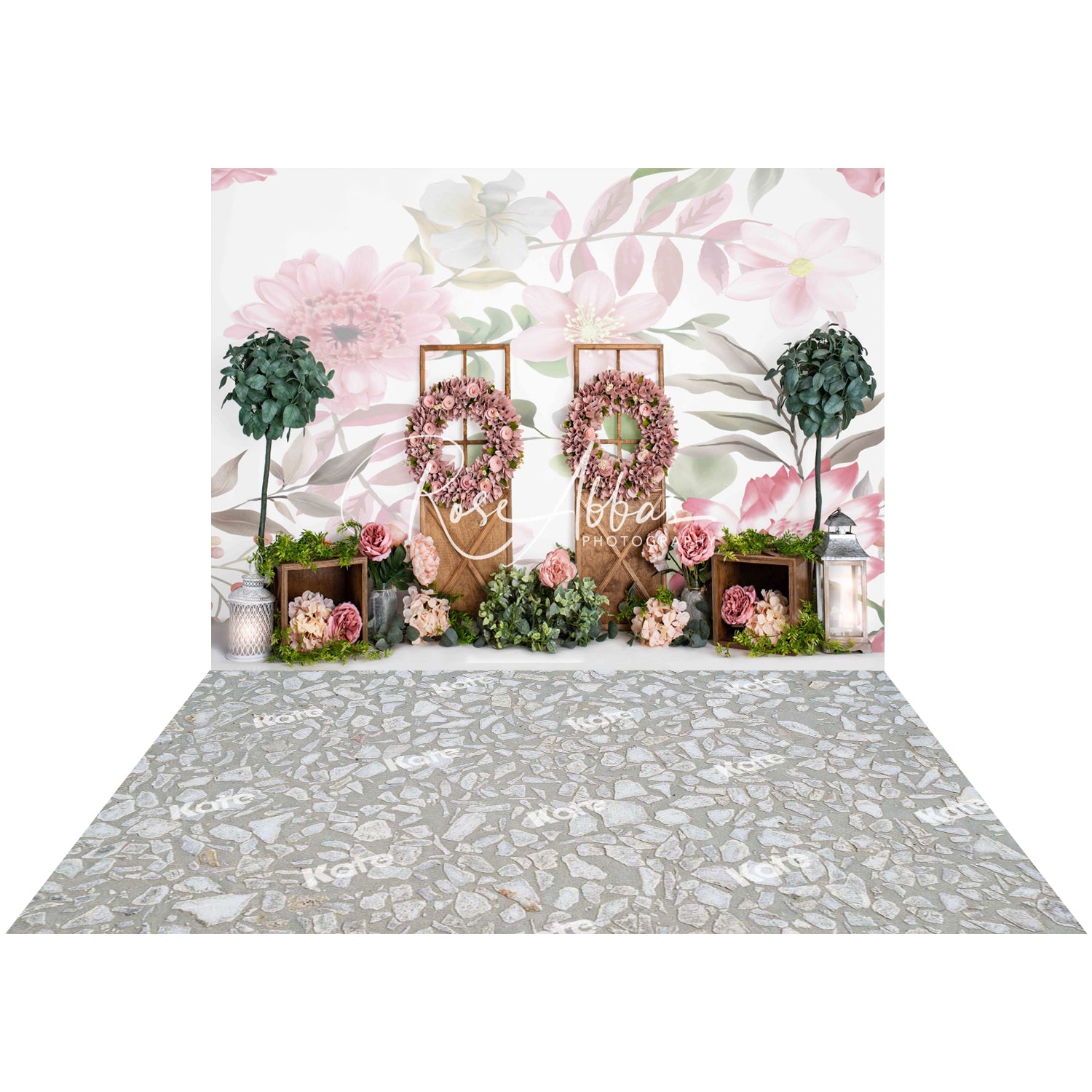 Kate 7x5ft Spring Park Flowers Wreath Cake Smash Backdrop+Kate 5x4ft Gravel Tiling Wood Rubber Floor Mat