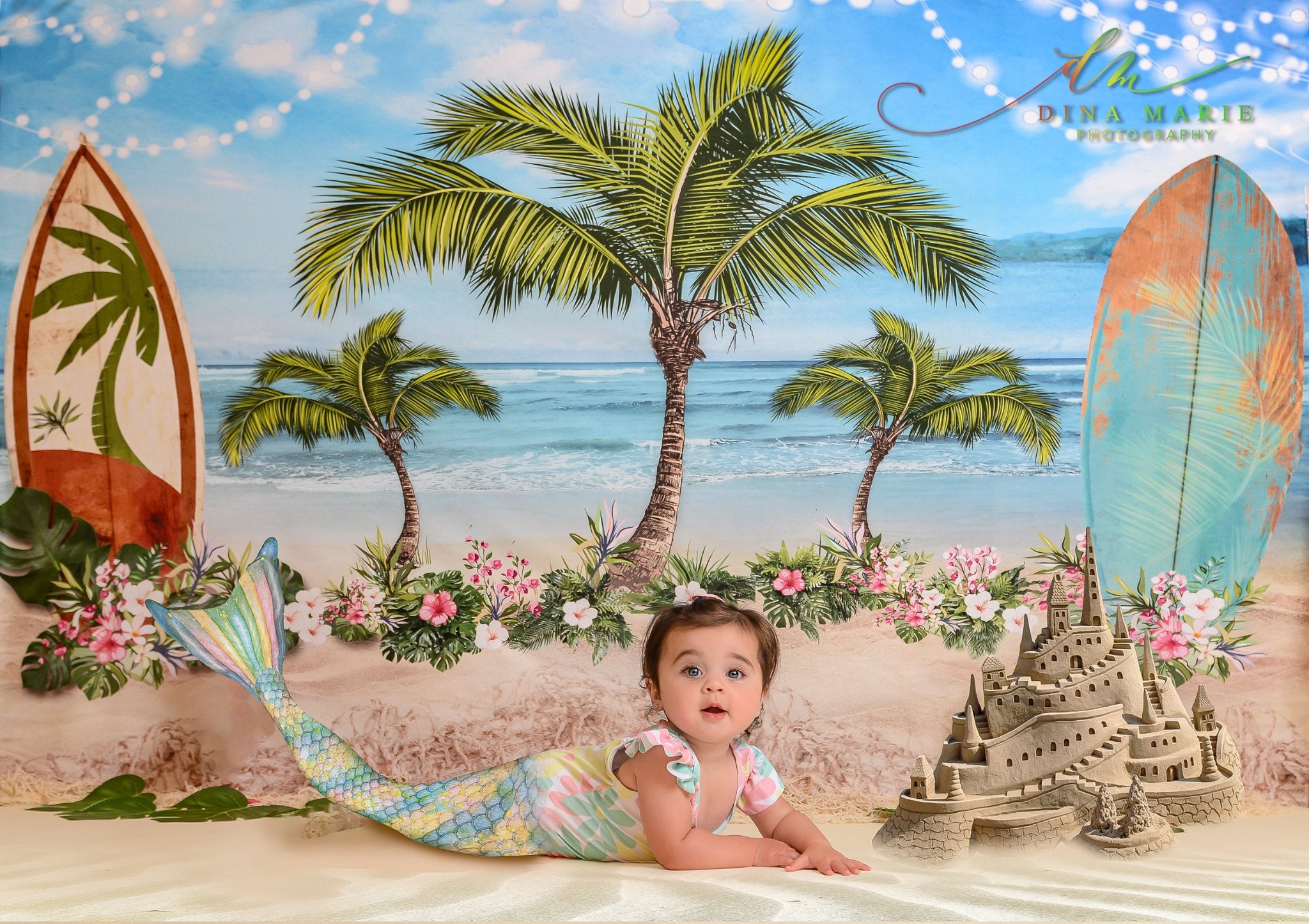 Kate Summer Seaside Backdrop Floral Surfboard Tree for Photography - Kate Backdrop AU