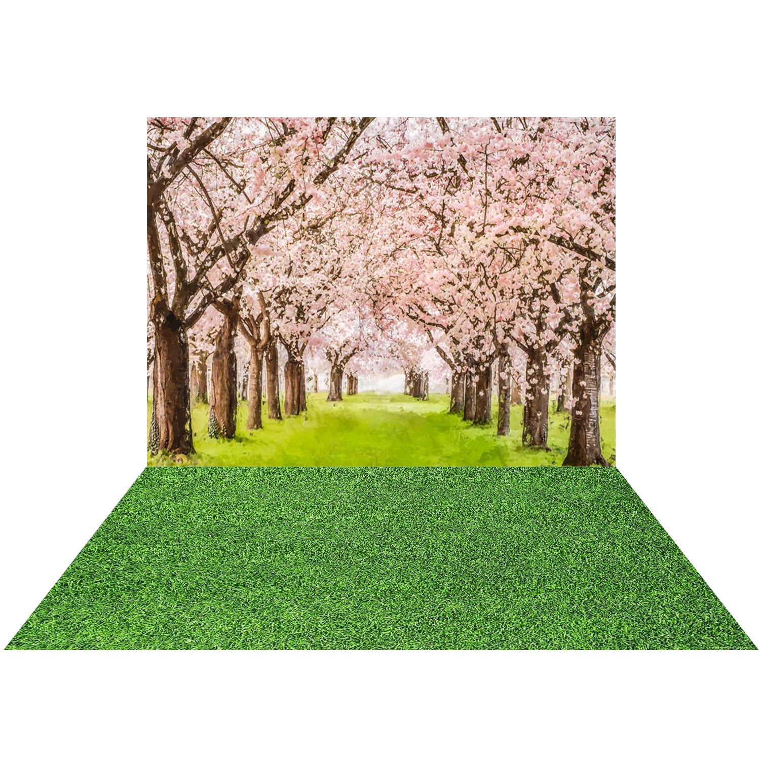 Kate Spring Flower Tree Grassland Backdrop+Kate Green Grassland Easter Wood Rubber Floor Mat