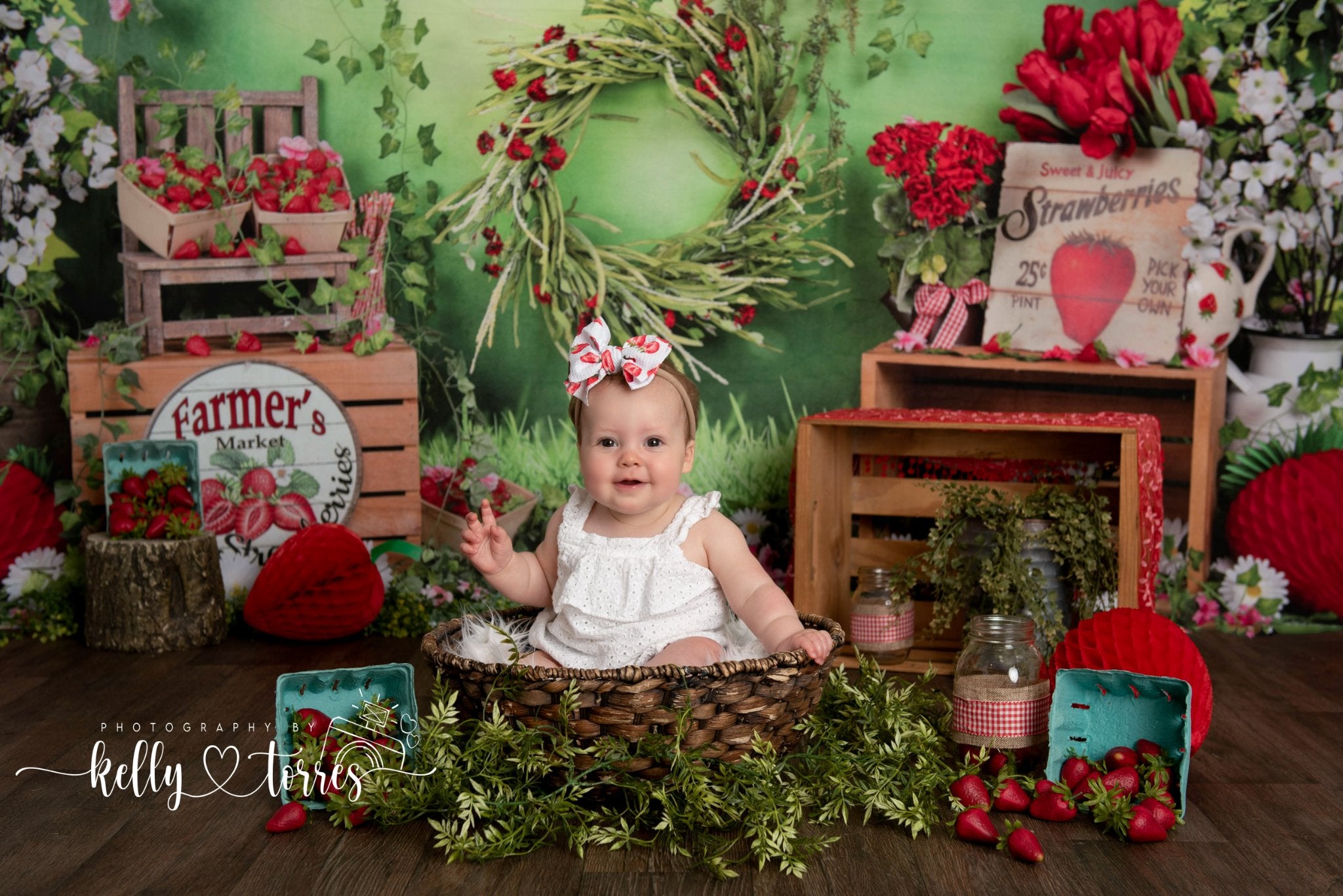 Kate Spring Strawberry and White Flower Green Leaves With Banners Birthday Backdrop for Photography