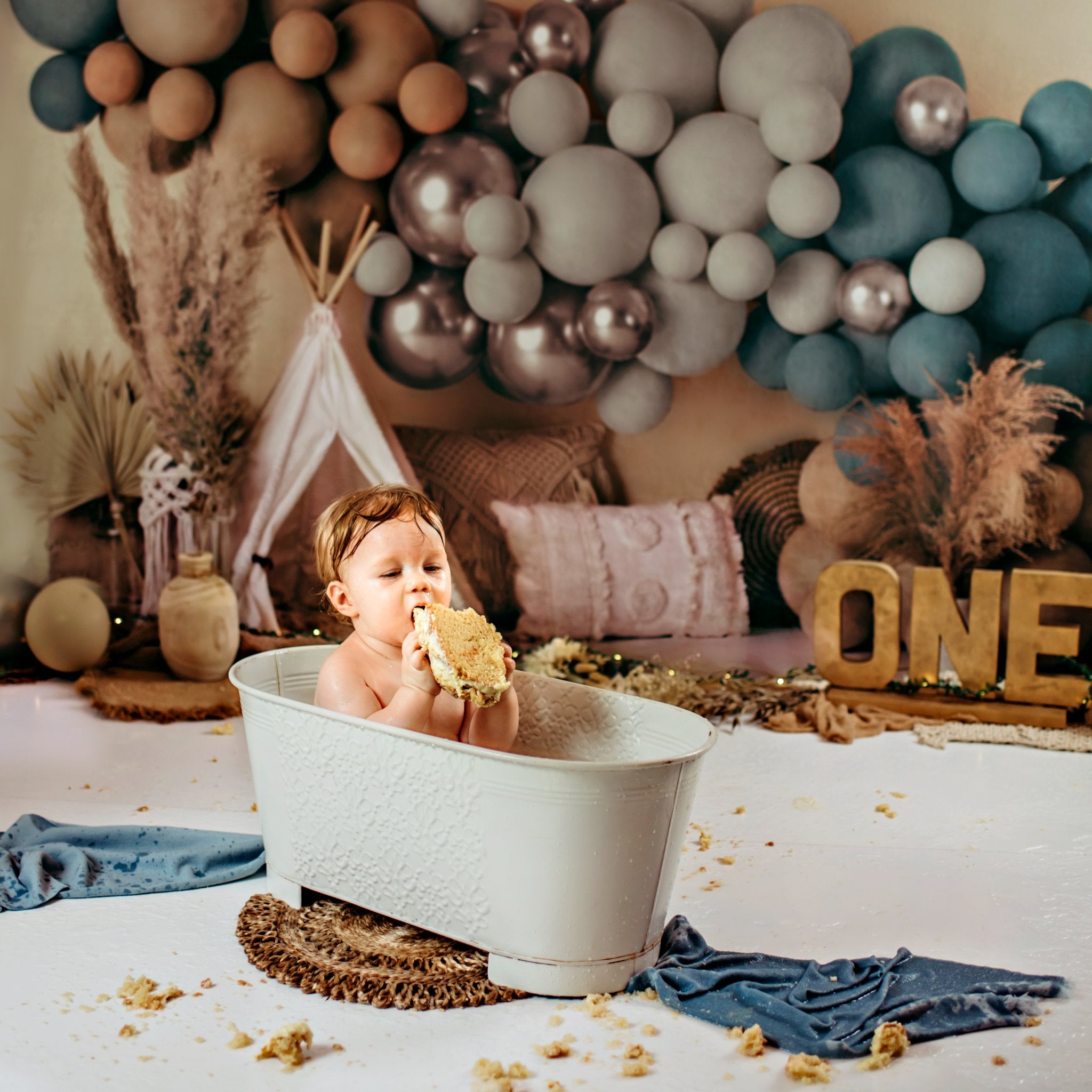 Kate Boho Balloons Tent Backdrop Matte Blue Designed by Mandy Ringe Photography