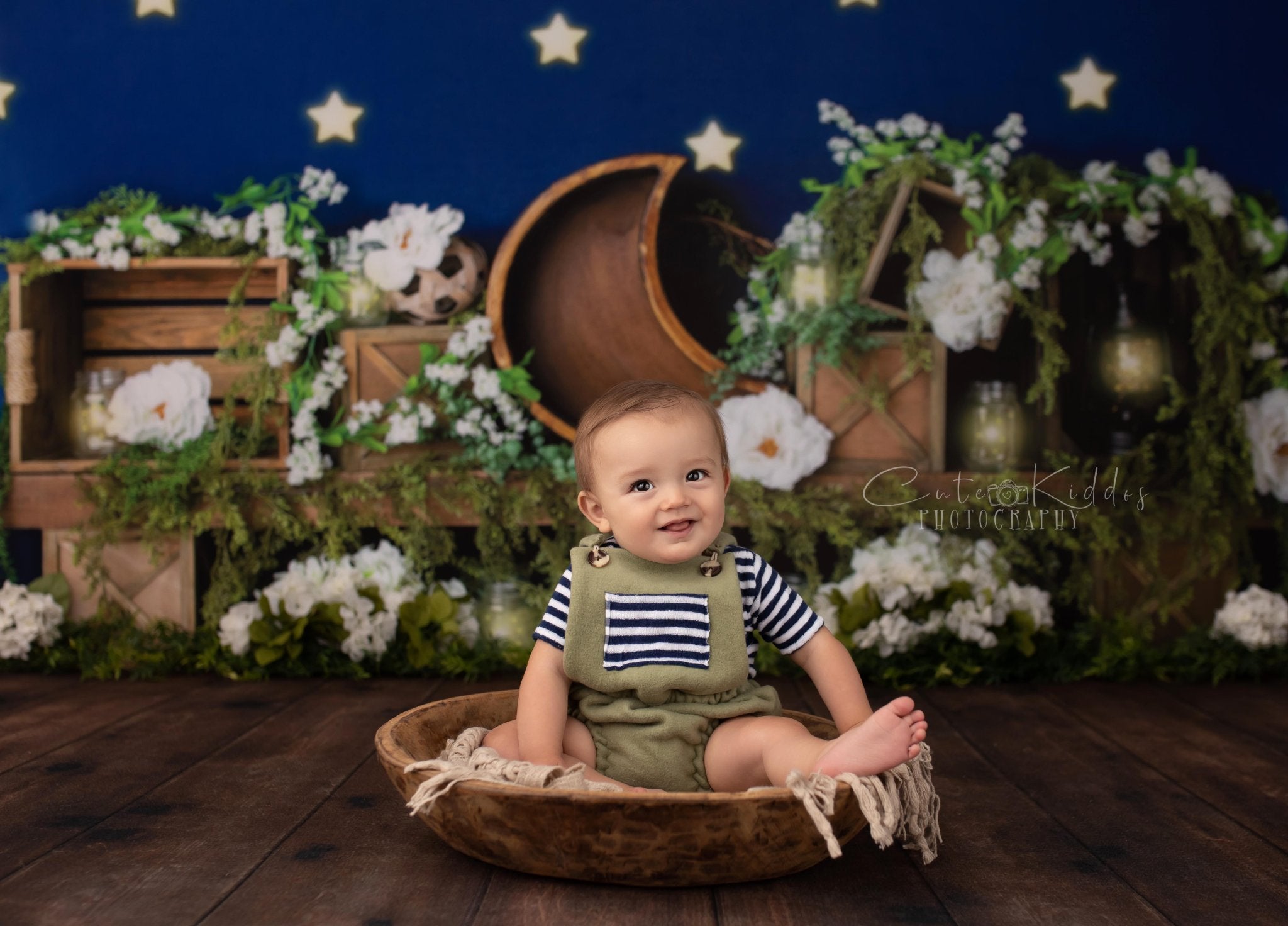 Kate Spring White Flowers Moon Blue Stars Backdrop Designed By Megan Leigh Photography - Kate Backdrop AU