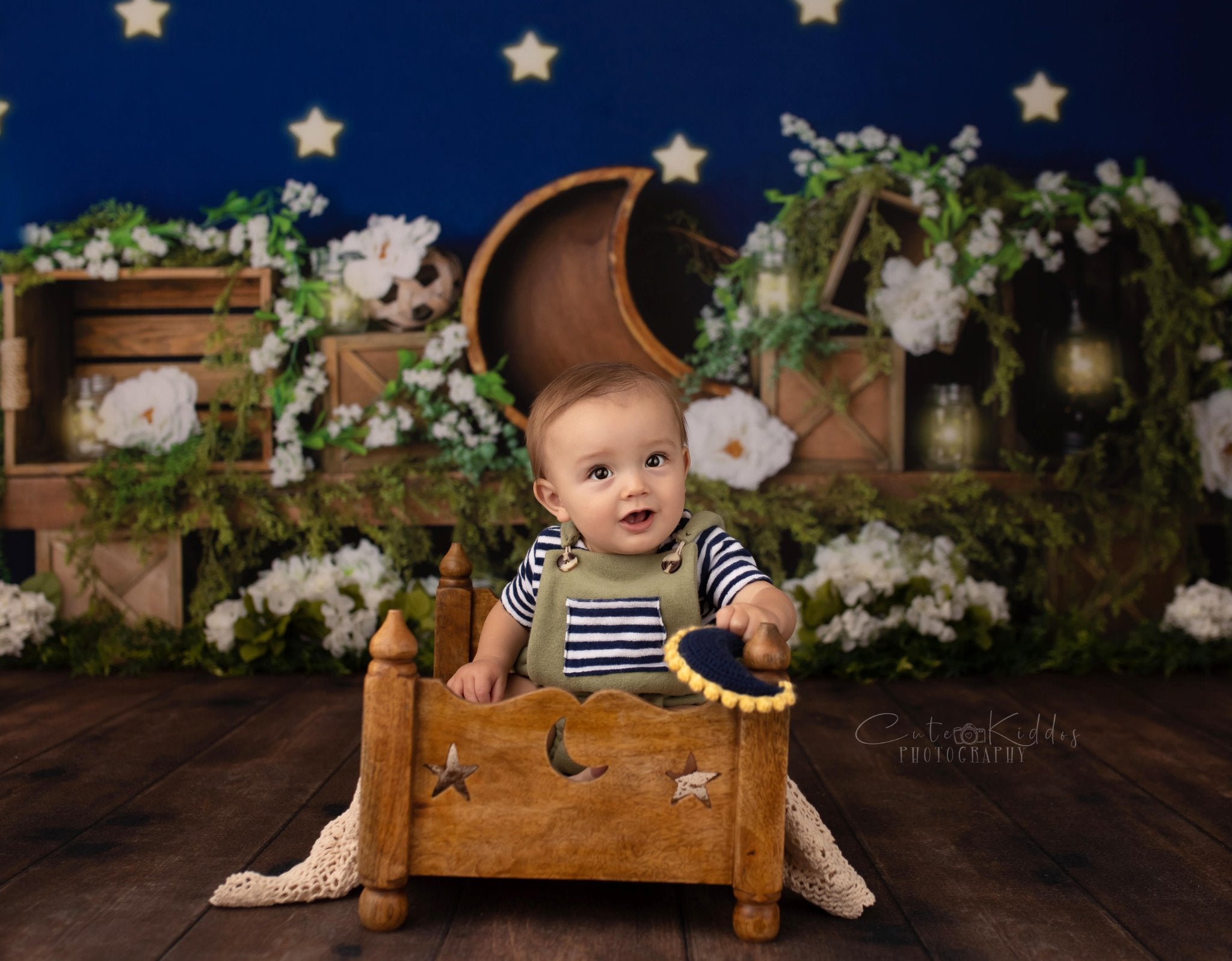 Kate Spring White Flowers Moon Blue Stars Backdrop Designed By Megan Leigh Photography - Kate Backdrop AU