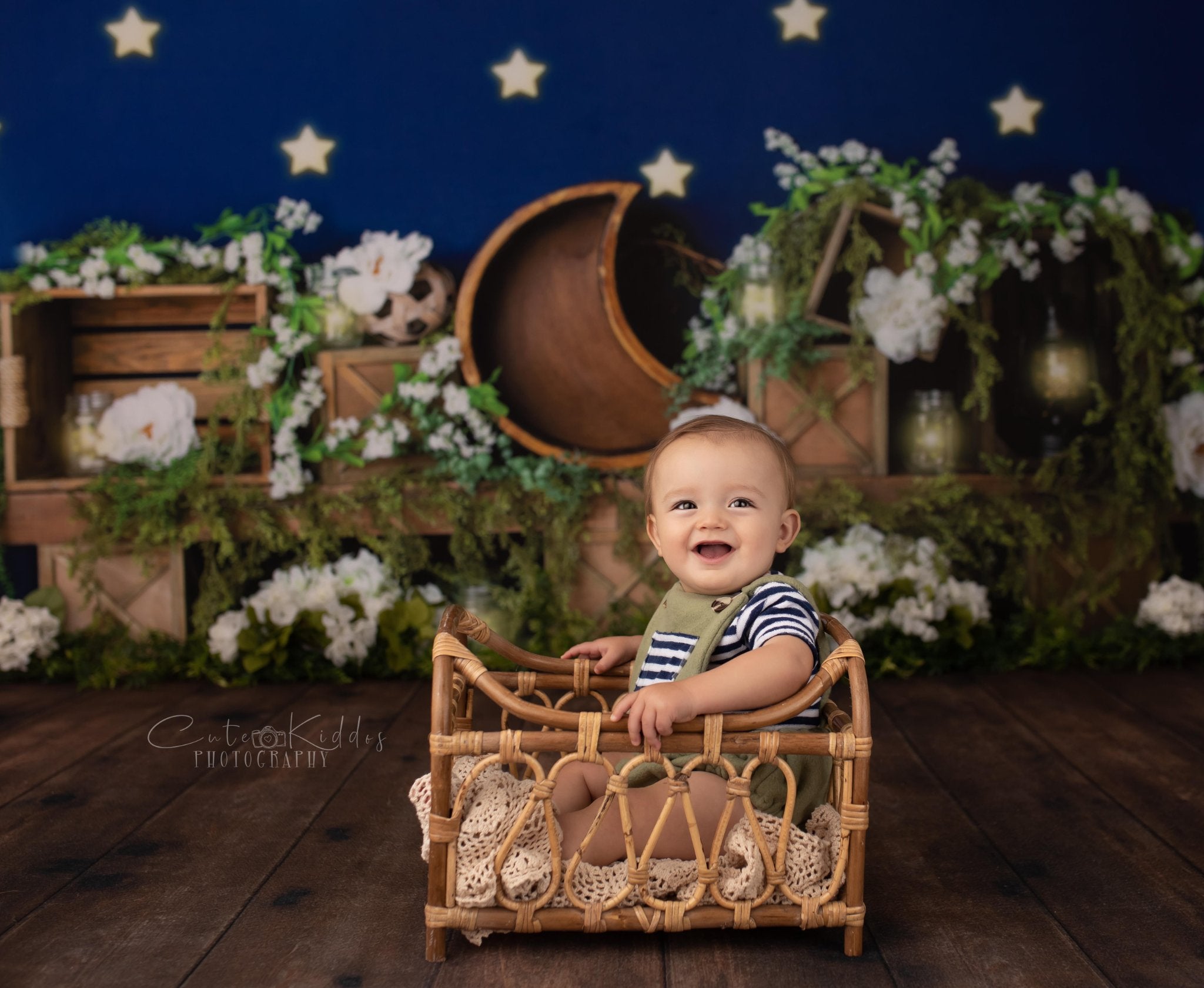 Kate Spring White Flowers Moon Blue Stars Backdrop Designed By Megan Leigh Photography - Kate Backdrop AU