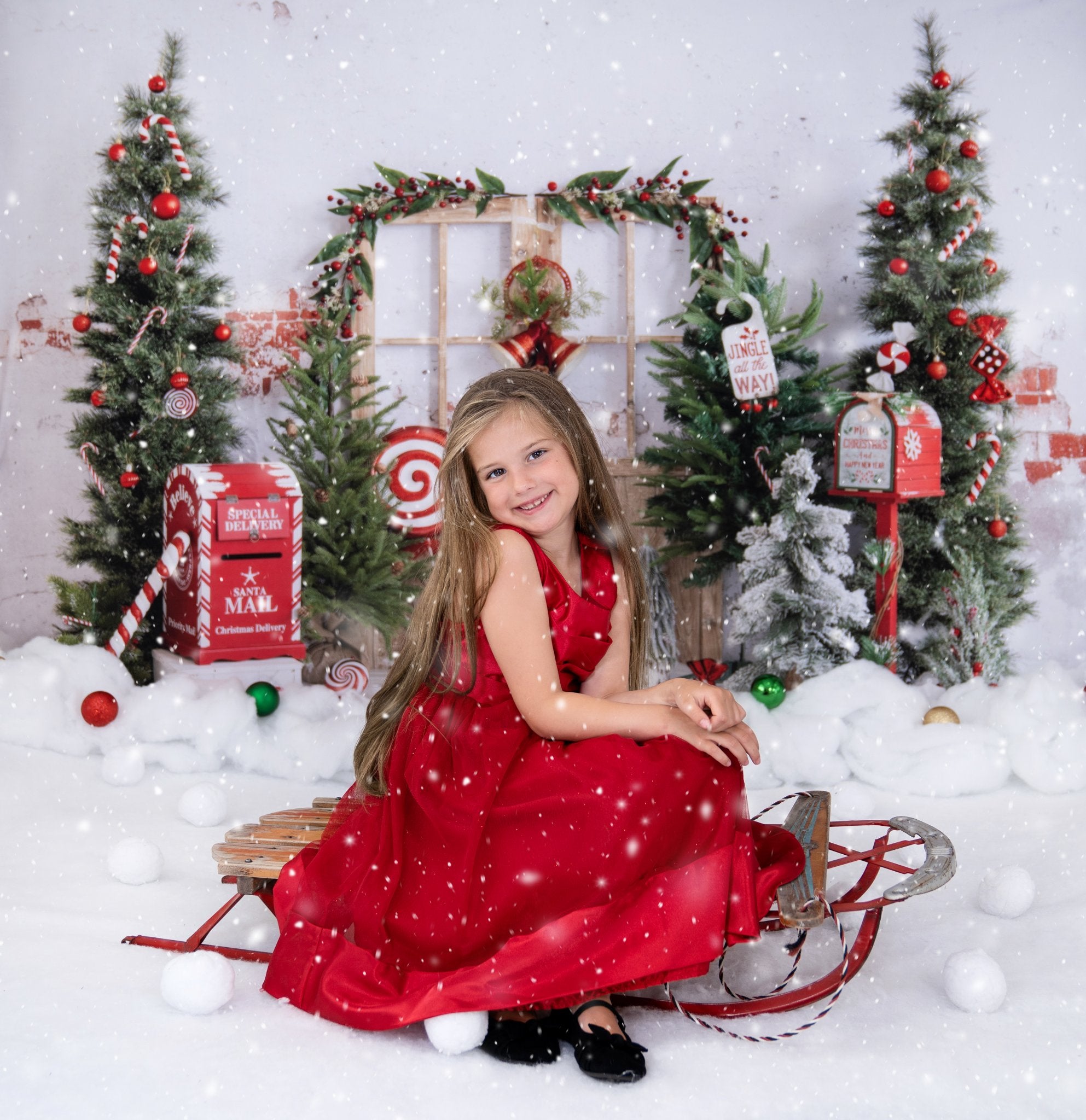 Kate Winter Christmas Tree Backdrop Snow Mailbox Designed by Emetselch - Kate Backdrop AU