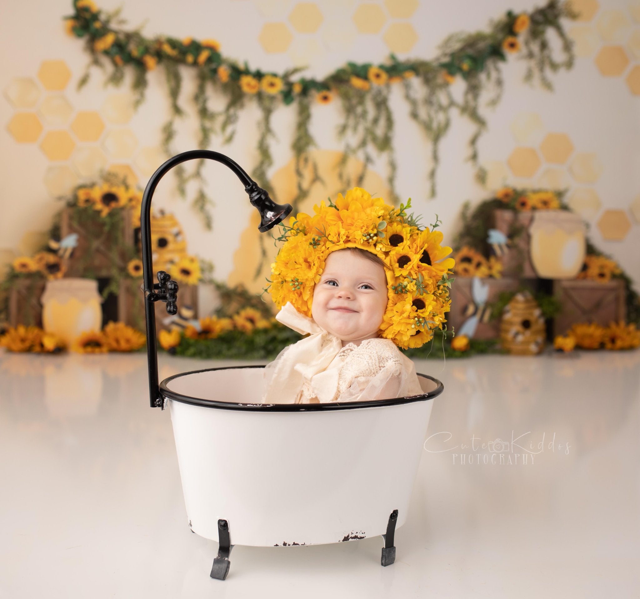 Kate Honey Bee Backdrop Sunflower Cake Smash Photography Designed by Megan Leigh Photography