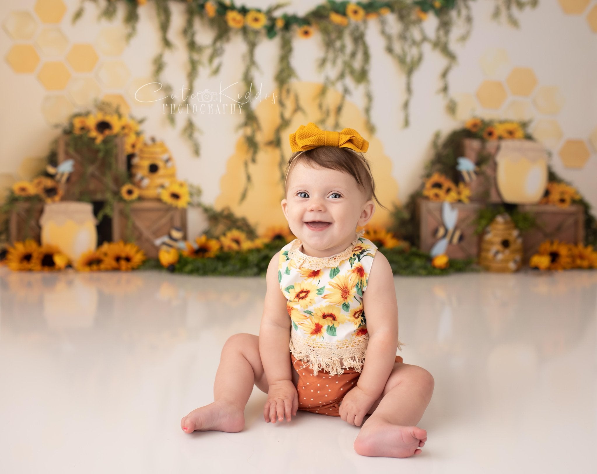 Kate Honey Bee Backdrop Sunflower Cake Smash Photography Designed by Megan Leigh Photography