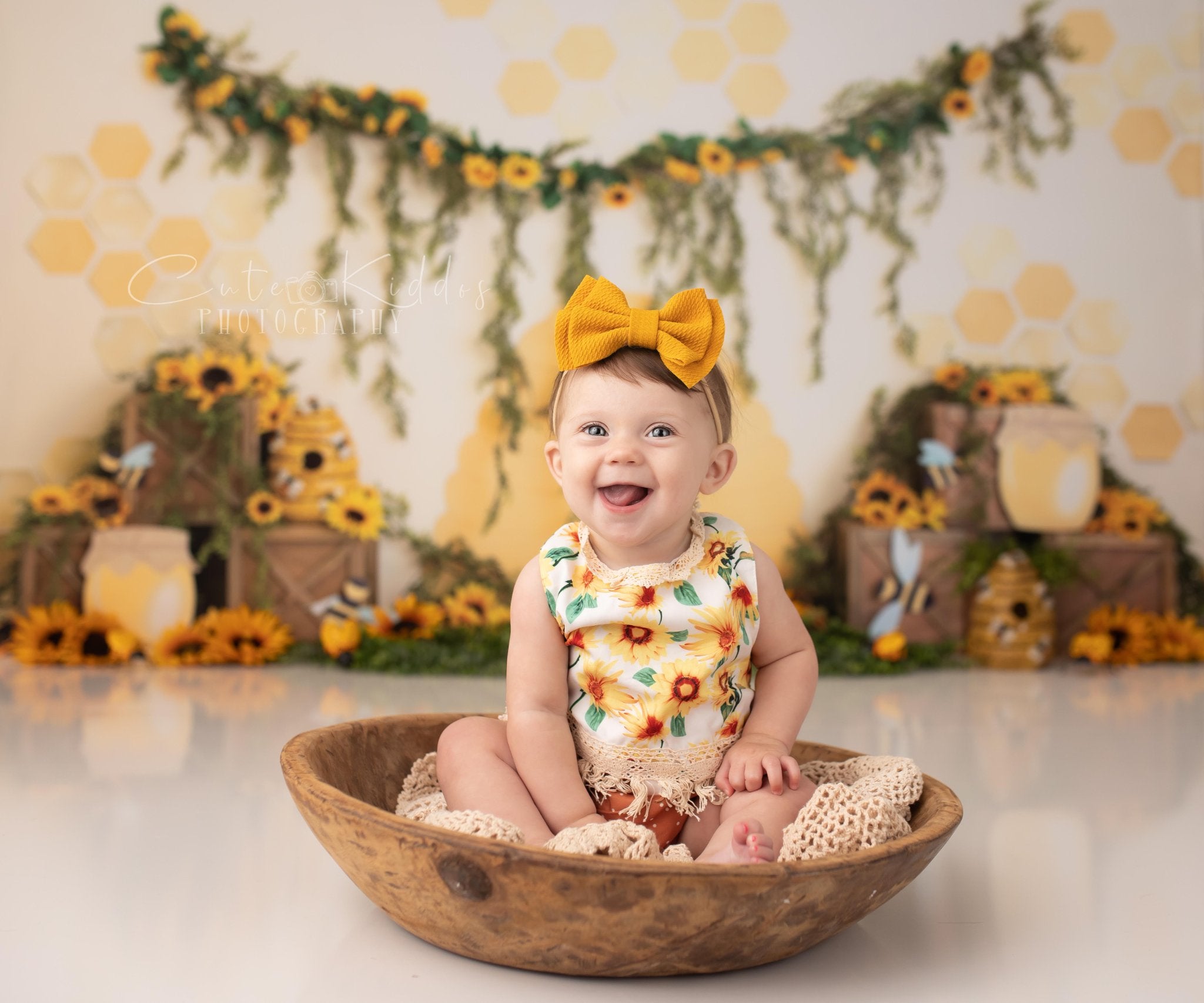 Kate Honey Bee Backdrop Sunflower Cake Smash Photography Designed by Megan Leigh Photography