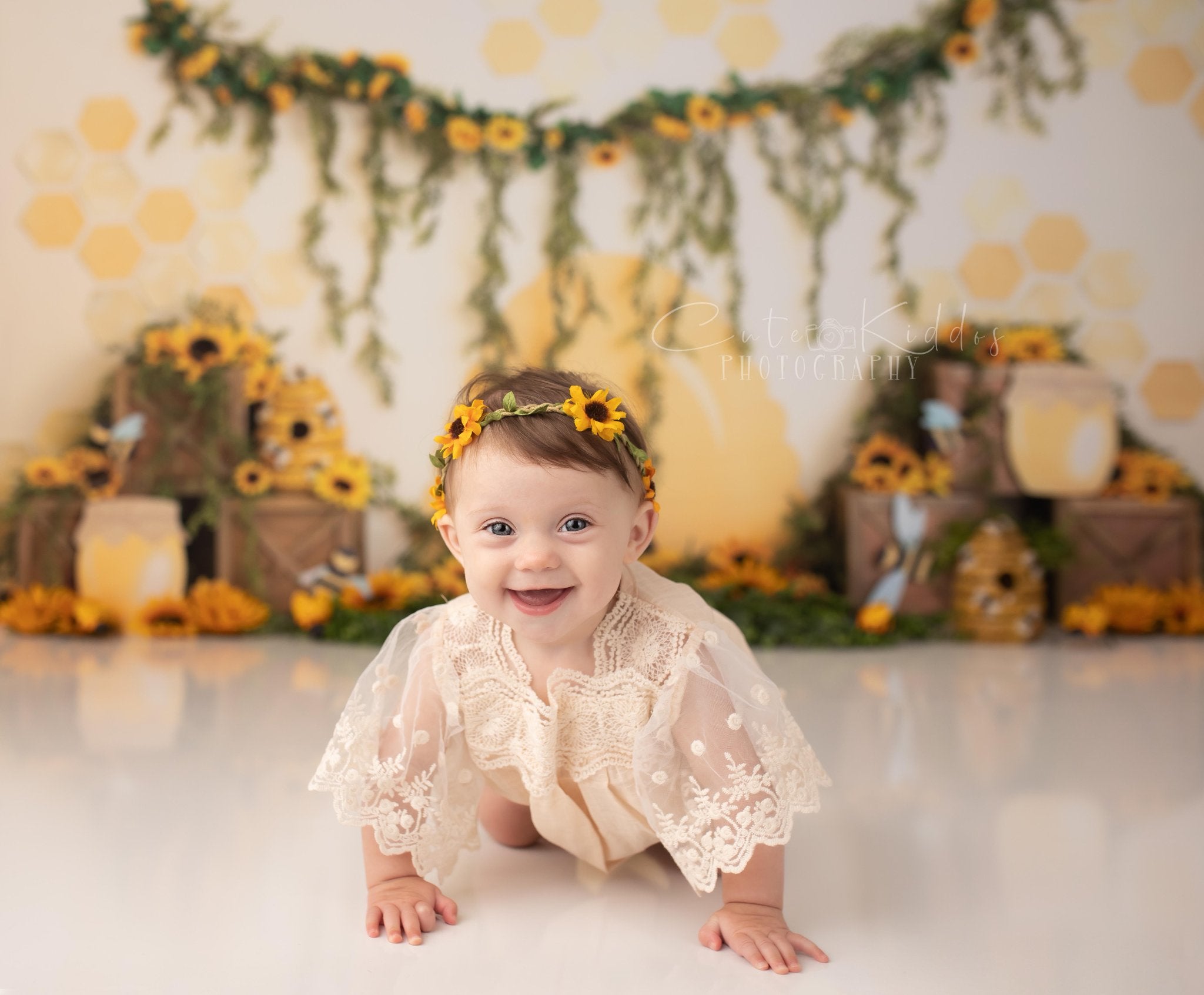 Kate Honey Bee Backdrop Sunflower Cake Smash Photography Designed by Megan Leigh Photography