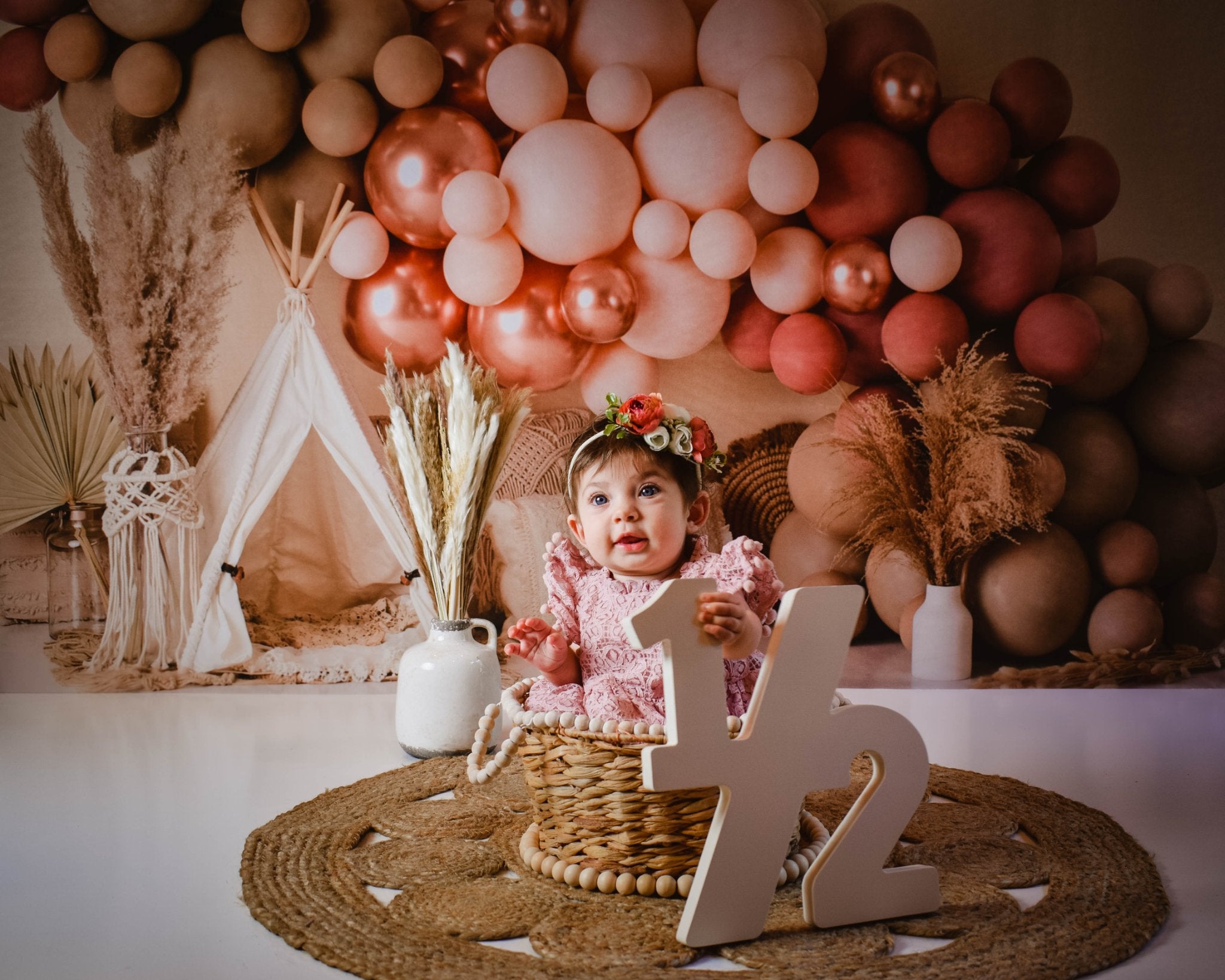 Kate Boho Balloons Backdrop Macrame Pillows Matte Pink Designed by Mandy Ringe Photography - Kate Backdrop AU