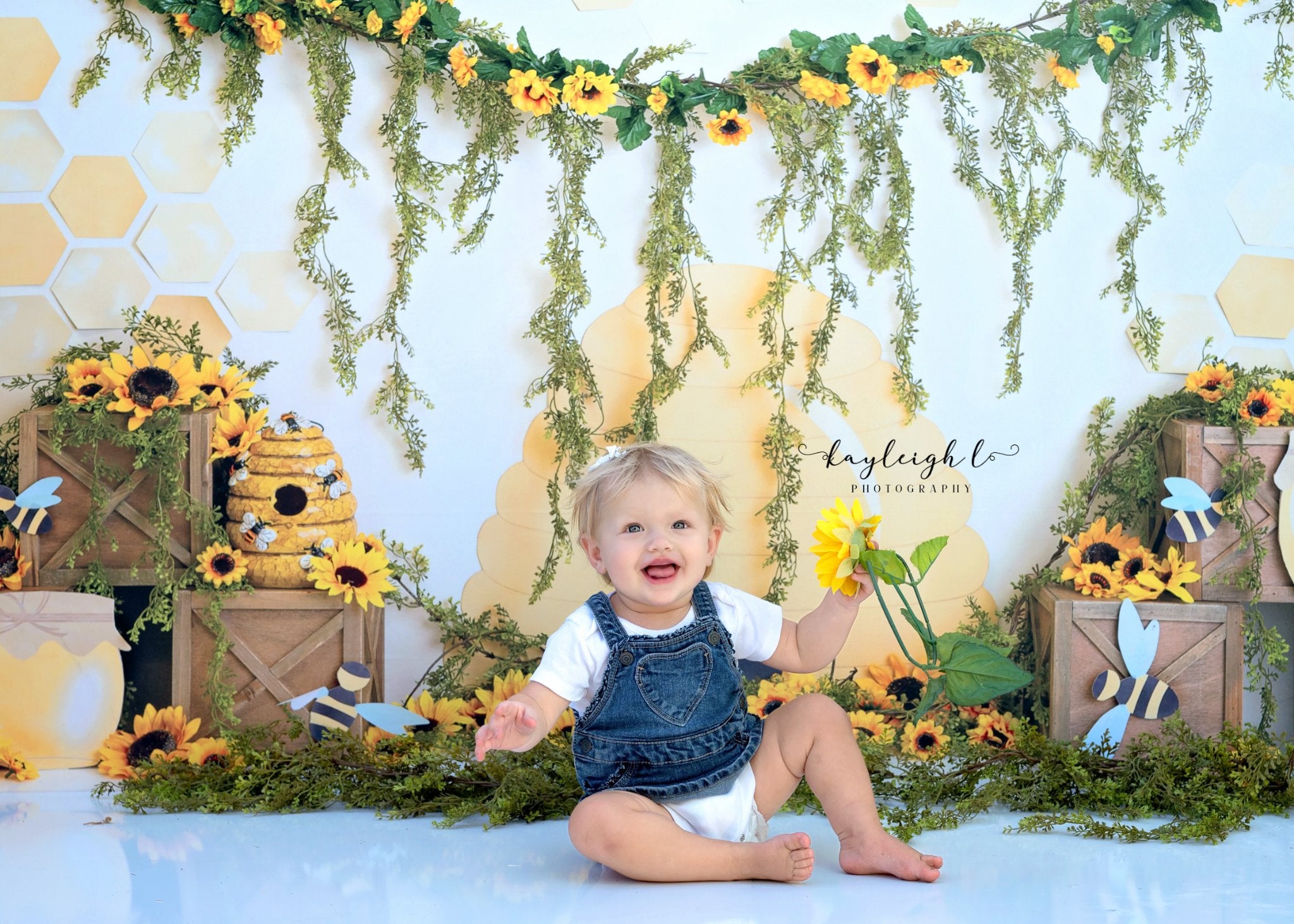 Kate Honey Bee Backdrop Sunflower Cake Smash Photography Designed by Megan Leigh Photography