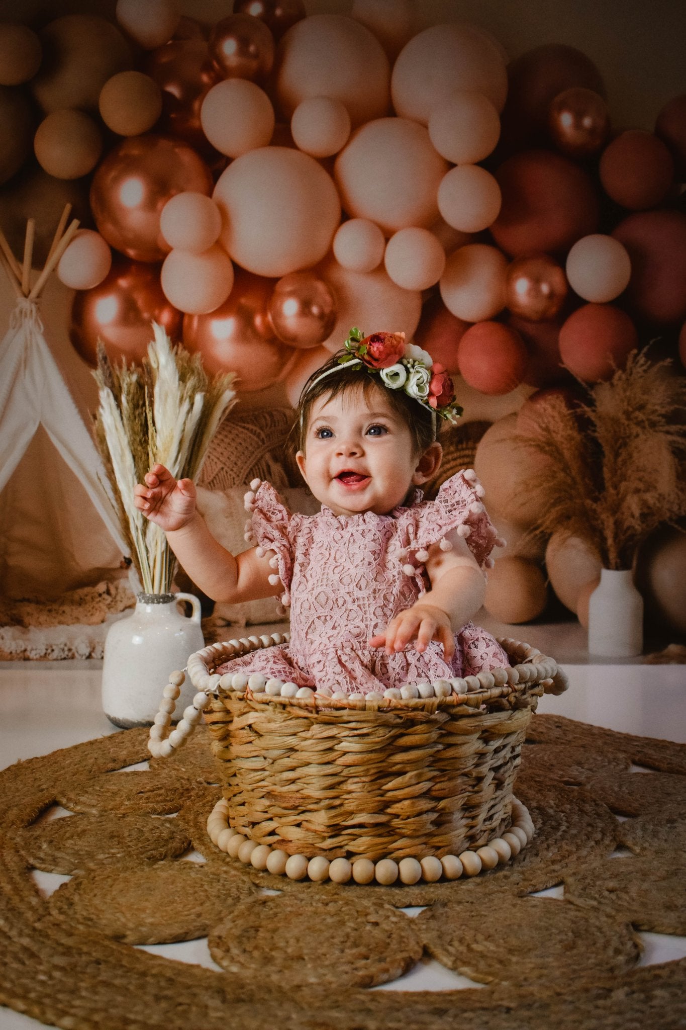 Kate Boho Balloons Backdrop Macrame Pillows Matte Pink Designed by Mandy Ringe Photography - Kate Backdrop AU