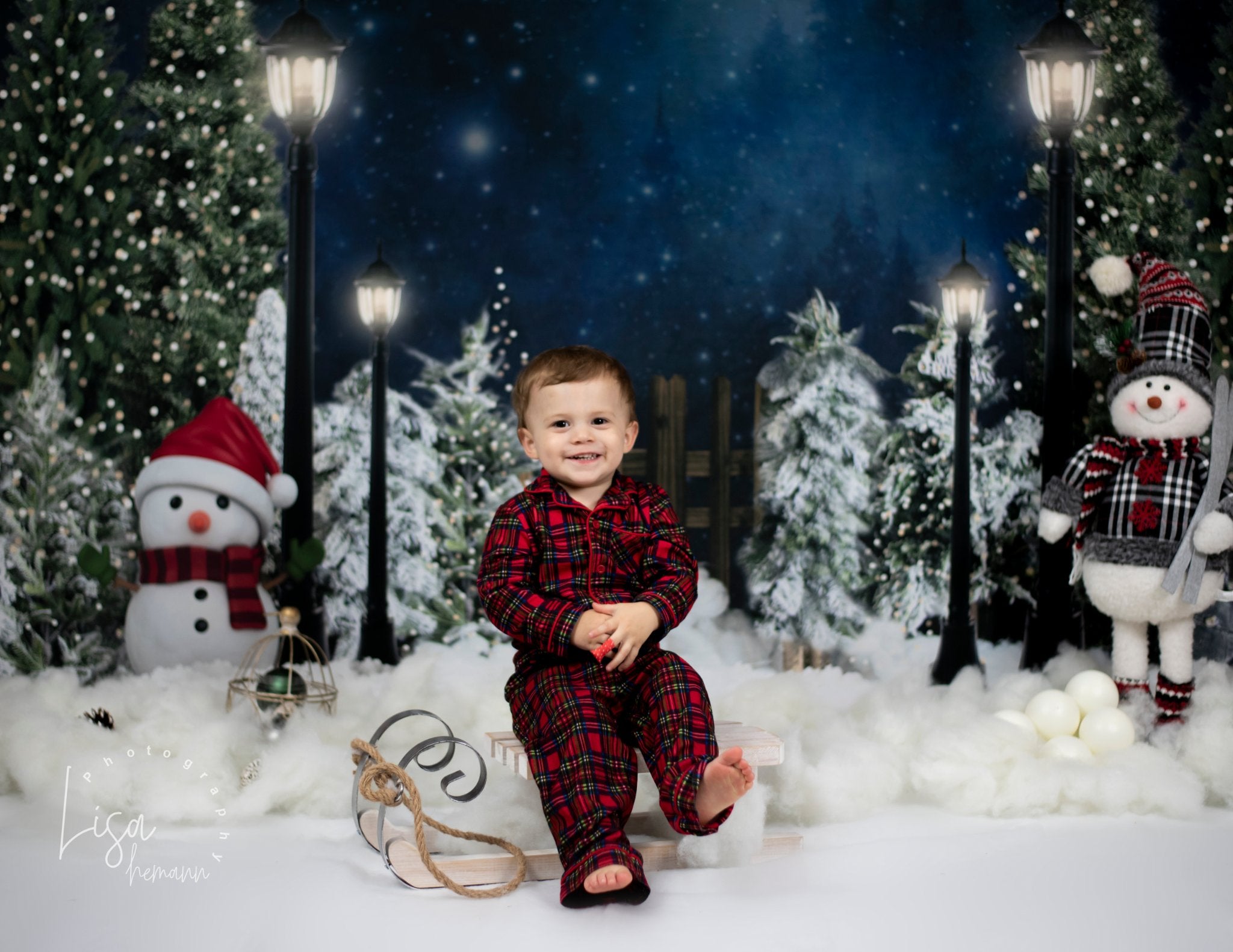 Kate Christmas Backdrop Snow Tree Night Snowman for Photography