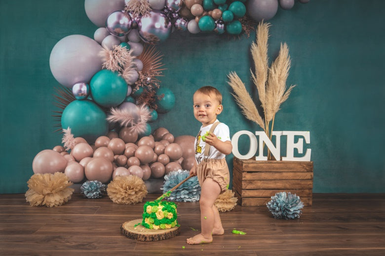 Kate Boho Balloons Backdrop Cake Smash Green Wall Designed by Uta Mueller Photography - Kate Backdrop AU