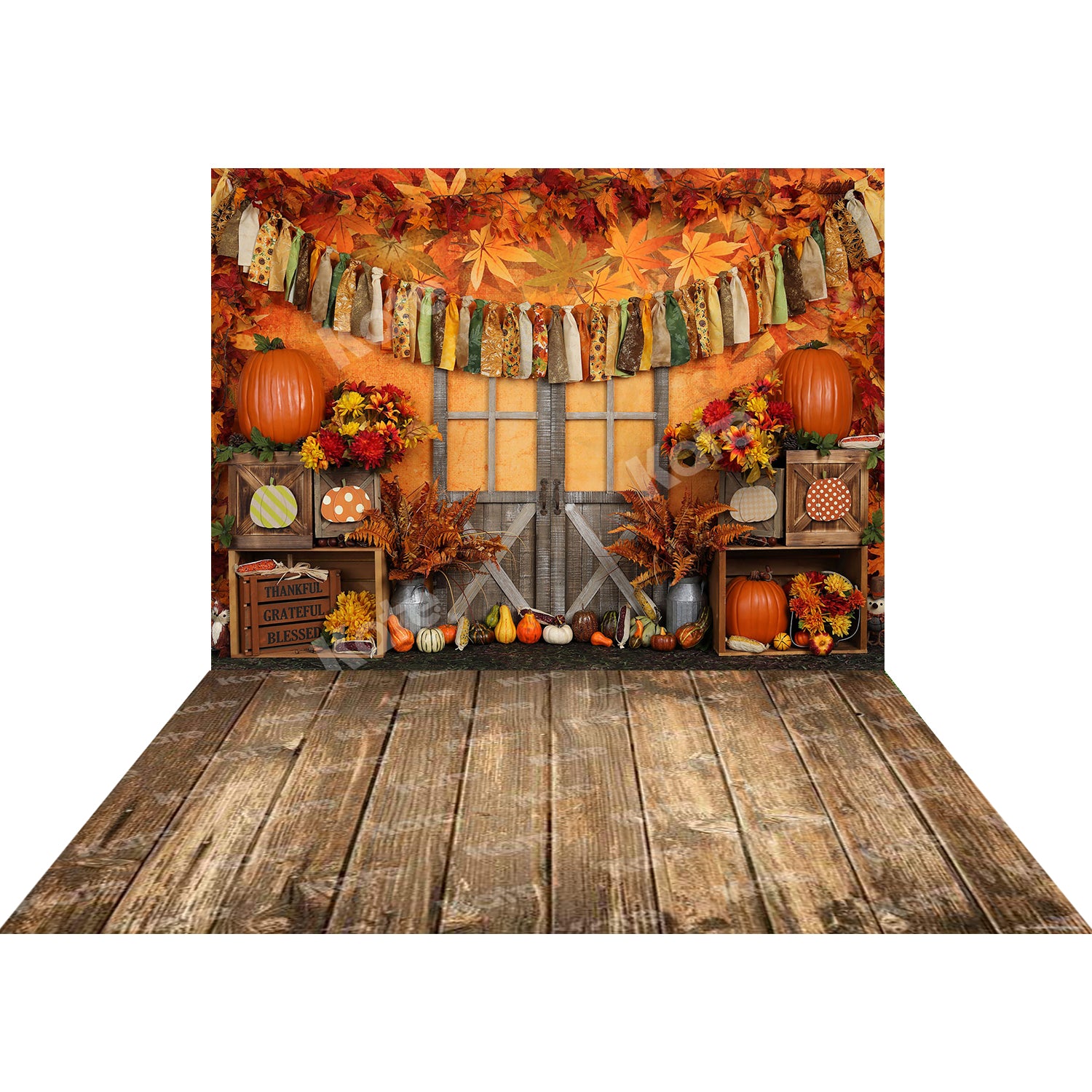 Kate Autumn Harvest Thanksgiving Backdrop+Kate Brown Vintage Wood Rubber Floor Mat