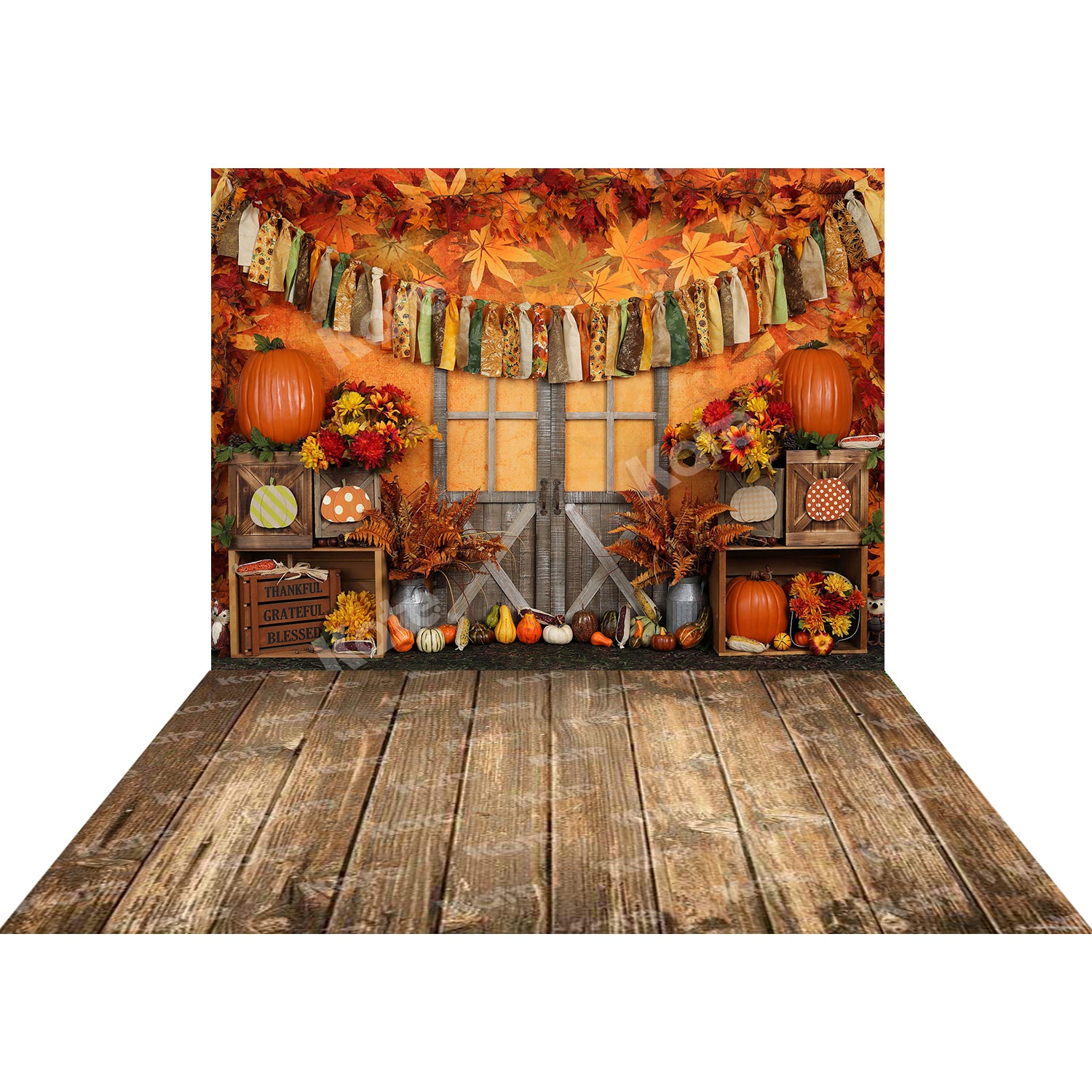 Kate Autumn Harvest Thanksgiving Backdrop+Kate Brown Vintage Wood Rubber Floor Mat - Kate Backdrop AU