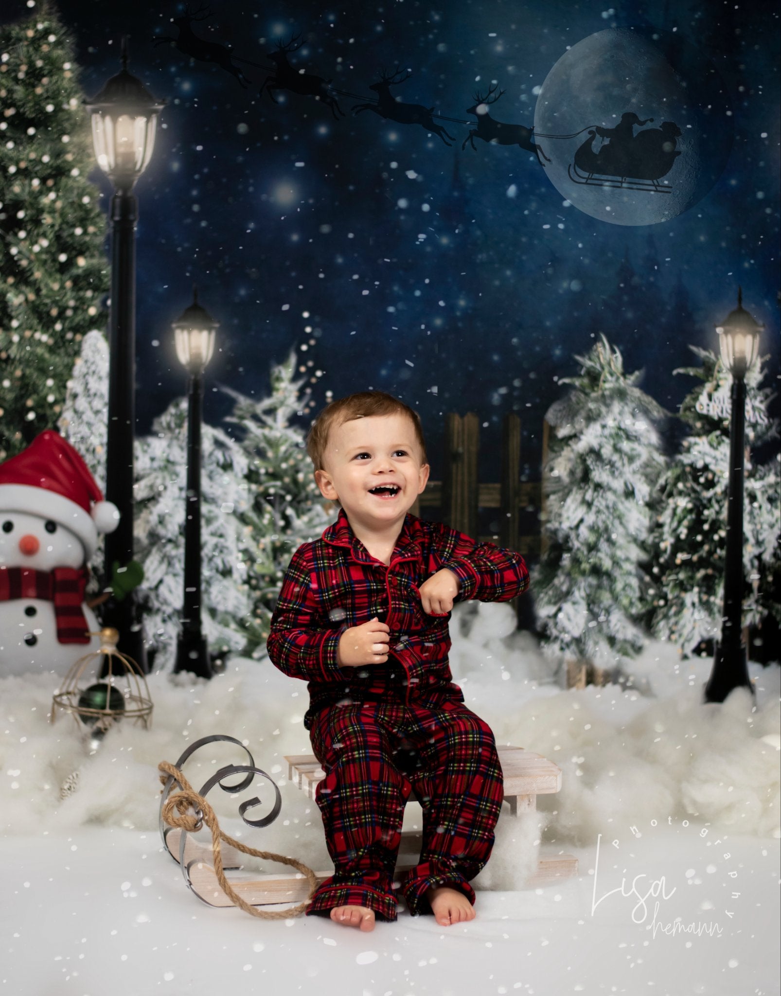 Kate Christmas Backdrop Snow Tree Night Snowman for Photography - Kate Backdrop AU