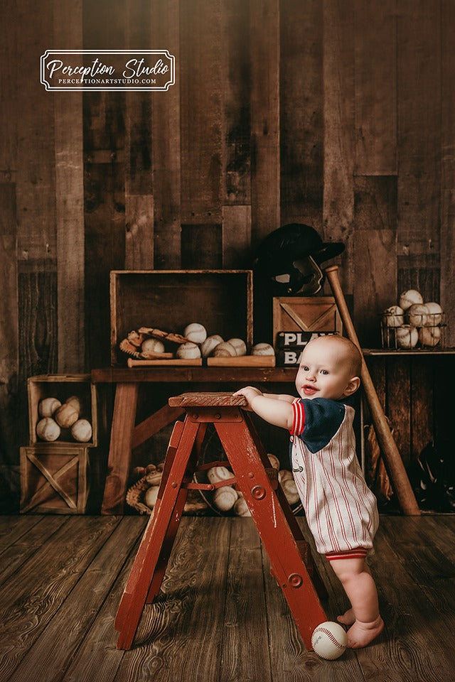 Kate Vintage Baseball Backdrop+Brown Wood Rubber Floor Mat - Kate Backdrop AU