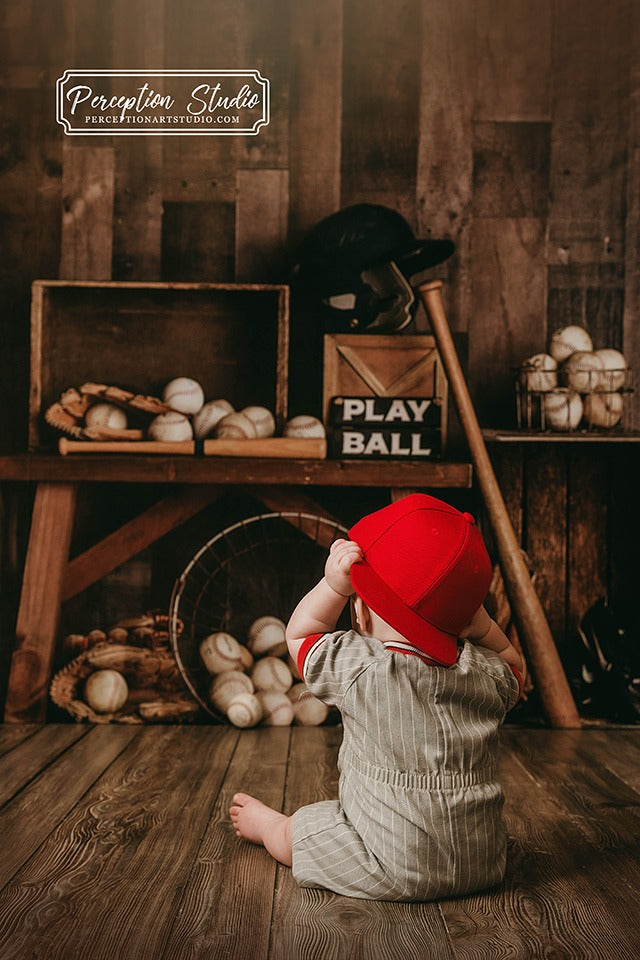 Kate Vintage Baseball Backdrop+Brown Wood Rubber Floor Mat - Kate Backdrop AU