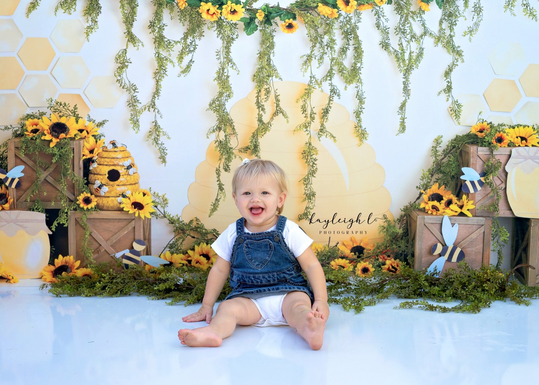 Kate Honey Bee Backdrop Sunflower Cake Smash Photography Designed by Megan Leigh Photography