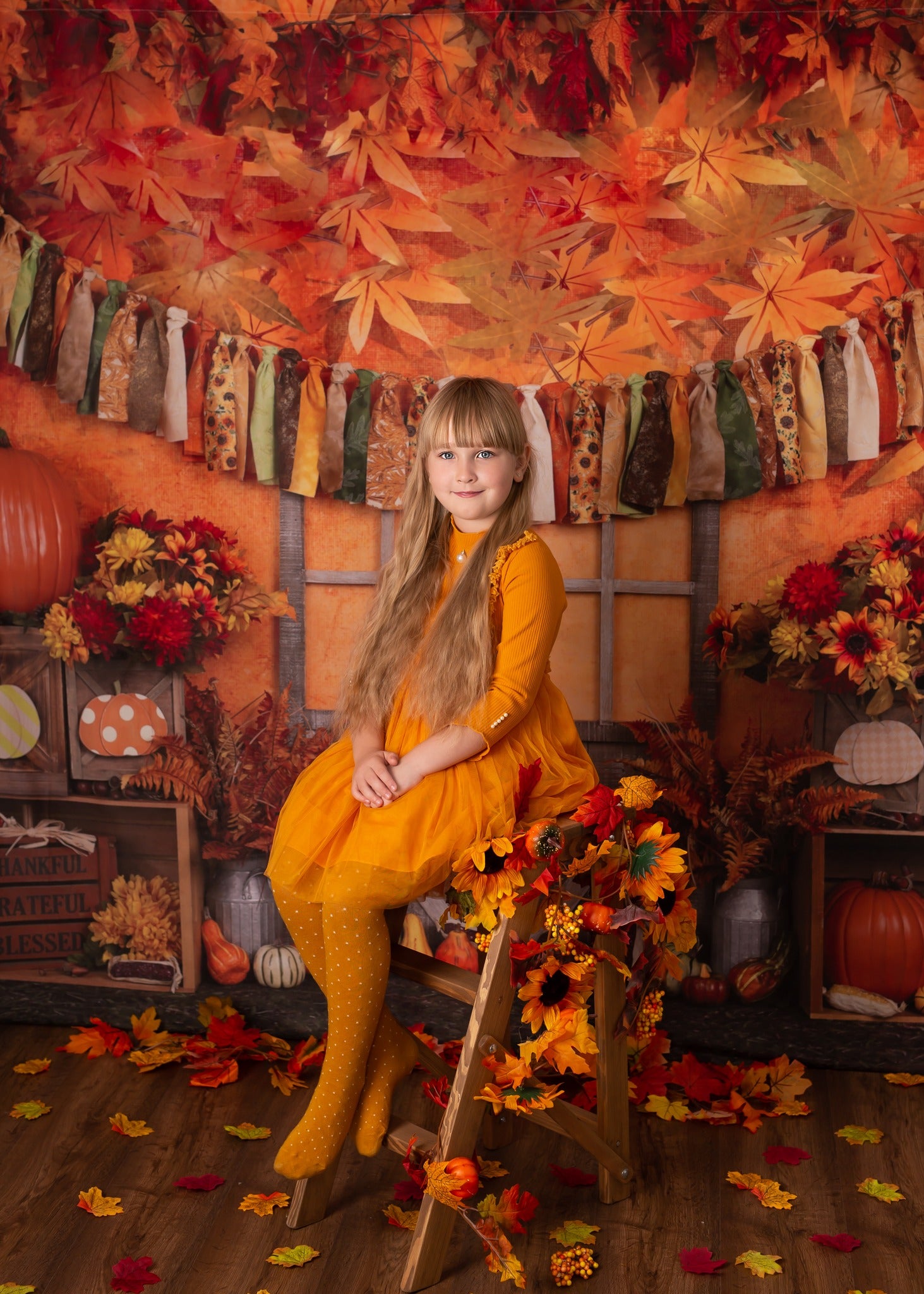 Kate Autumn Harvest Thanksgiving Backdrop+Kate Brown Vintage Wood Rubber Floor Mat