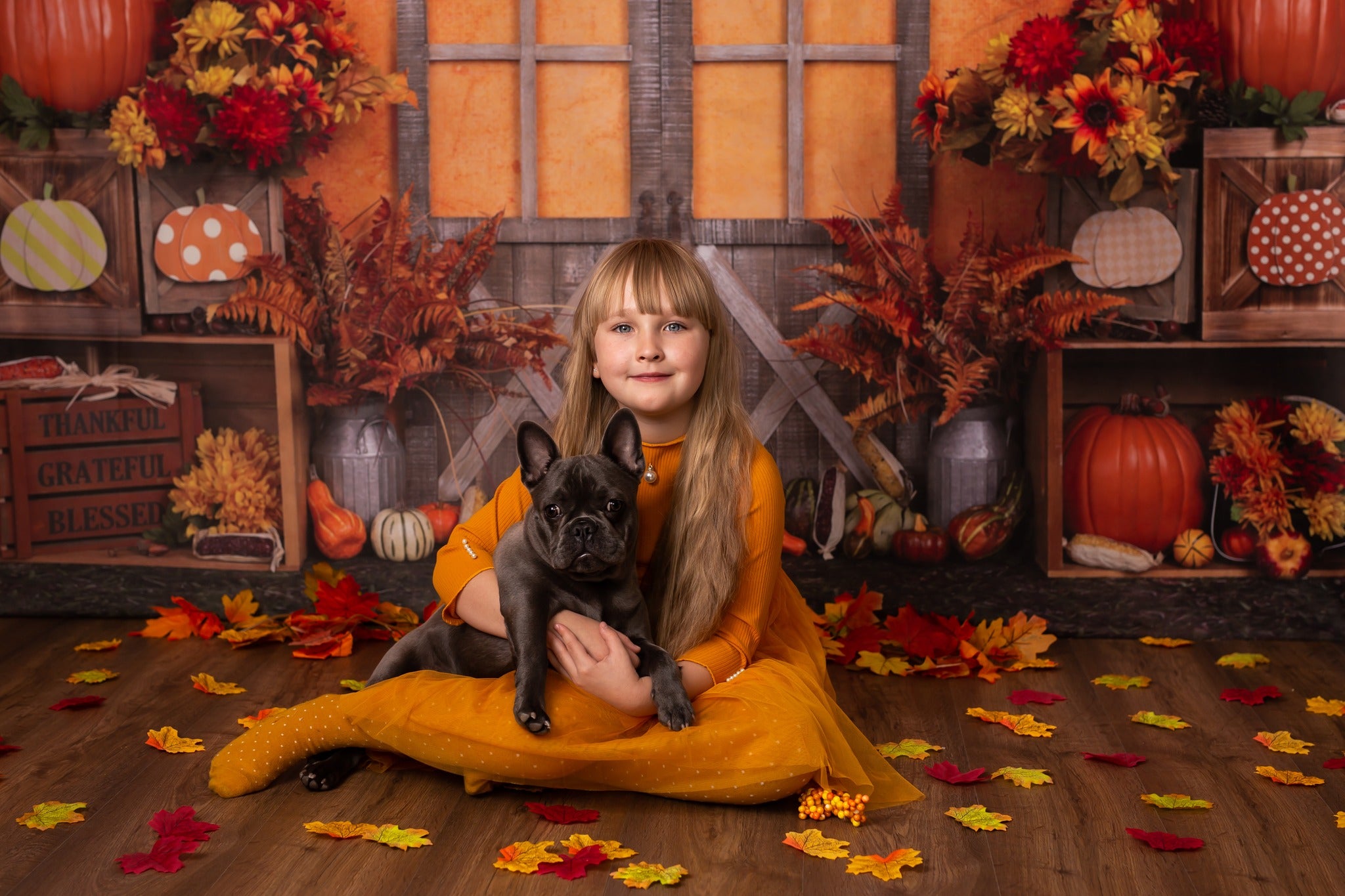 Kate Autumn Harvest Thanksgiving Backdrop+Kate Brown Vintage Wood Rubber Floor Mat - Kate Backdrop AU