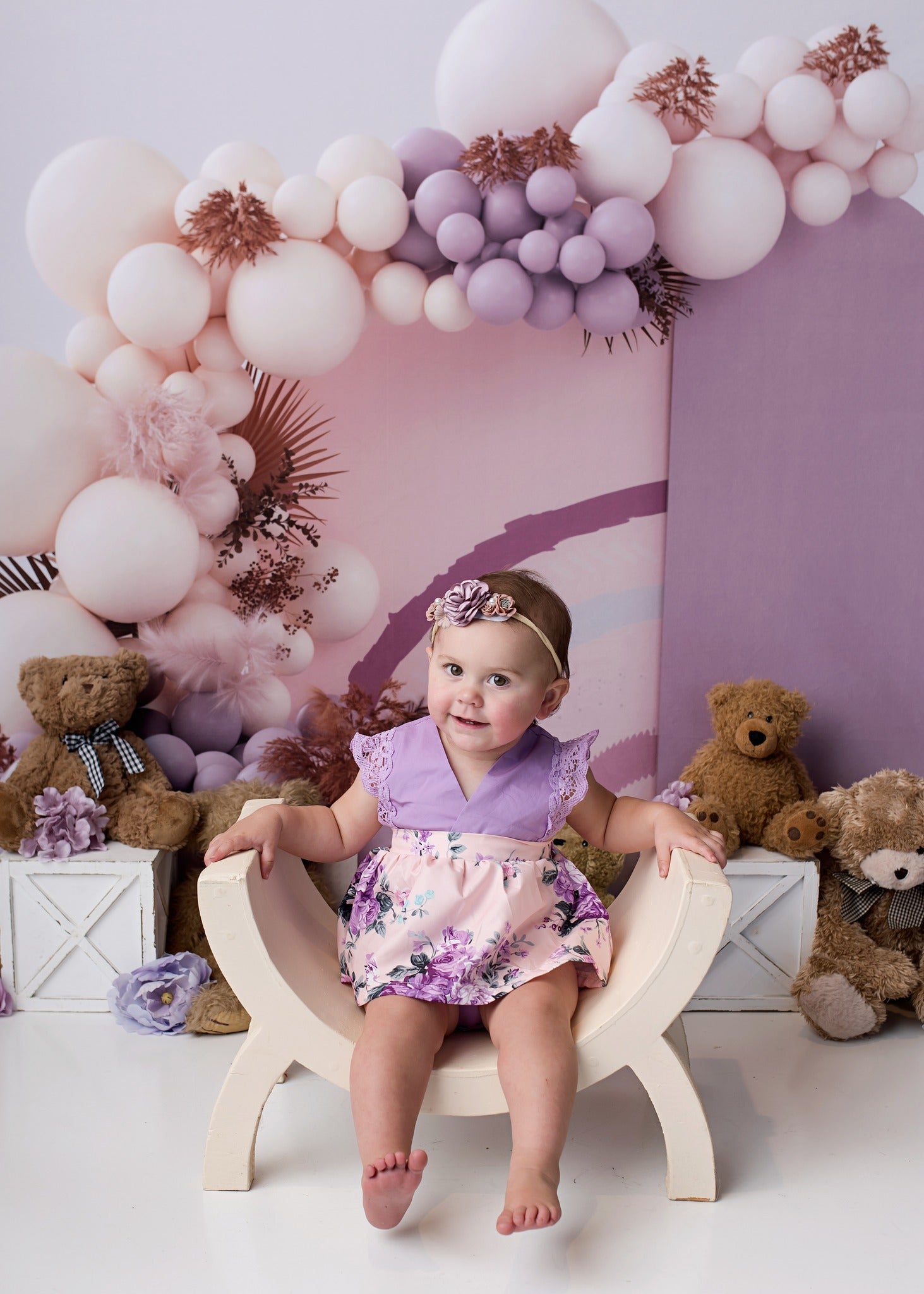 Kate Purple Boho Balloons Backdrop Cake Smash Designed by Uta Mueller Photography