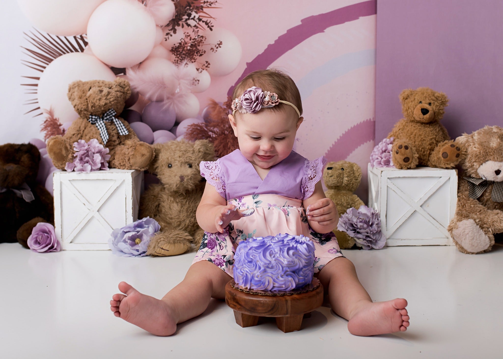 Kate Purple Boho Balloons Backdrop Cake Smash Designed by Uta Mueller Photography