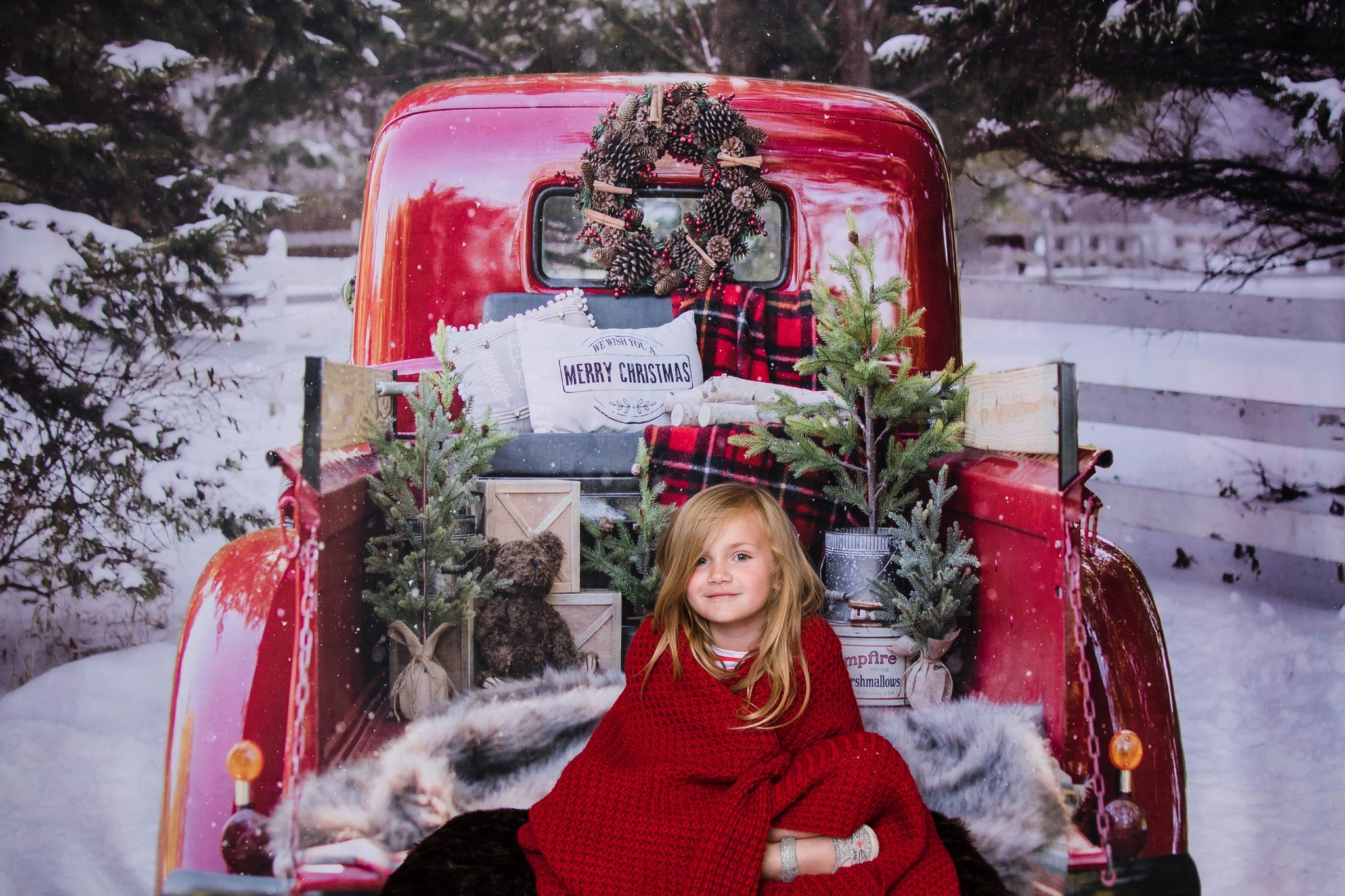 Kate Red Christmas Truck in Snow Backdrop Designed by Mandy Ringe Photography - Kate Backdrop AU